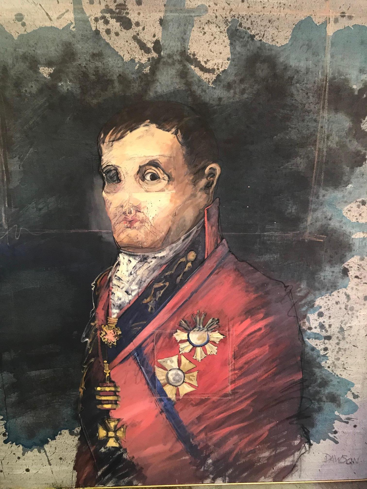 A very amazing, both in composition and sure stature, original oil on canvas portrait painting of Napoleon posing in his red ceremonial uniform by American artist John Dawson who specializes in figurative art (both painting and sculptural) that are