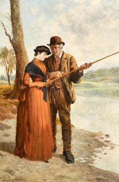 Large Victorian Oil Painting Young Lady Fishing Lesson Highland River Landscape