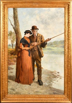 Antique Large Victorian Oil Painting Young Lady Fishing Lesson Highland River Landscape
