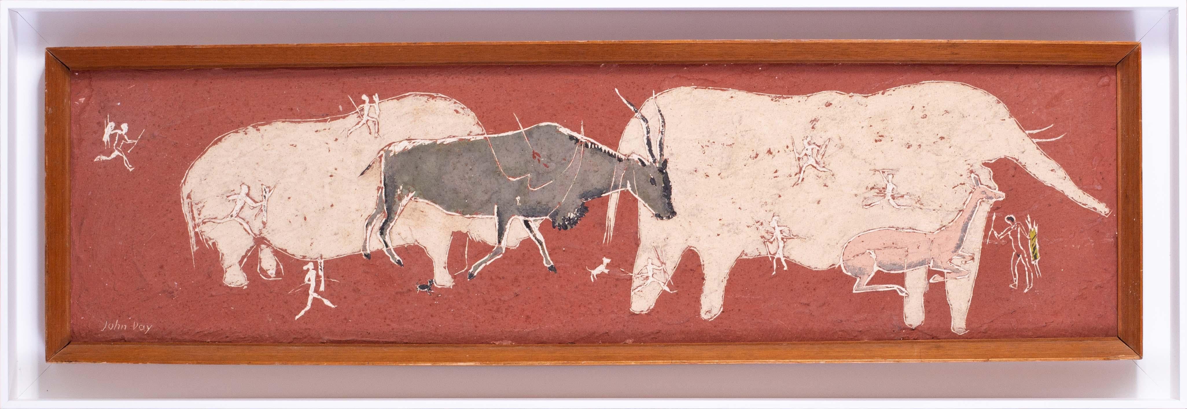 John Day (British, 1932 – 1984)
Cave painting, 1967
Signed ‘John Day’ (lower left)
Mixed media with scraffito
7.1/2 x 29.3/4 in. (19 x 75 cm.) (measured to slip edge)
