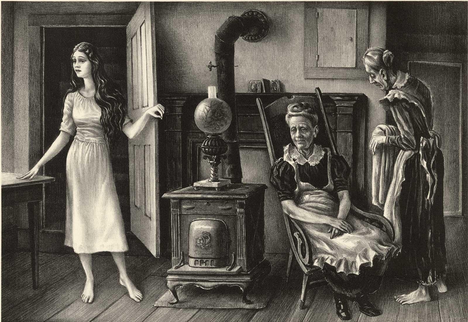 John Stockton De Martelly Interior Print - For the Love of Barbara Allen (Young girl enters room with two women by stove)