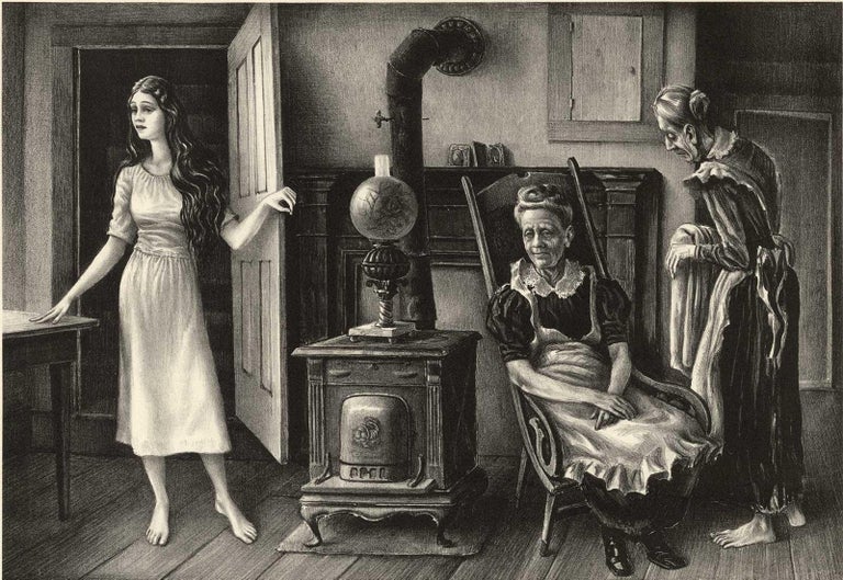 John Stockton De Martelly Figurative Print - For the Love of Barbara Allen (Young girl enters room with two women by stove)