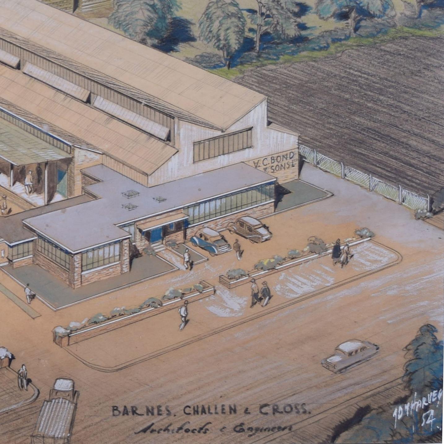 John Dean Monroe Harvey (1895 – 1978)
Design for a factory for VC Bond
for Barnes Challen & Cross, Architects and Engineers
Mixed media
38 x 68 cm

This design shows Harvey's skill at drawing fields; he carefully catches the texture of each ploughed