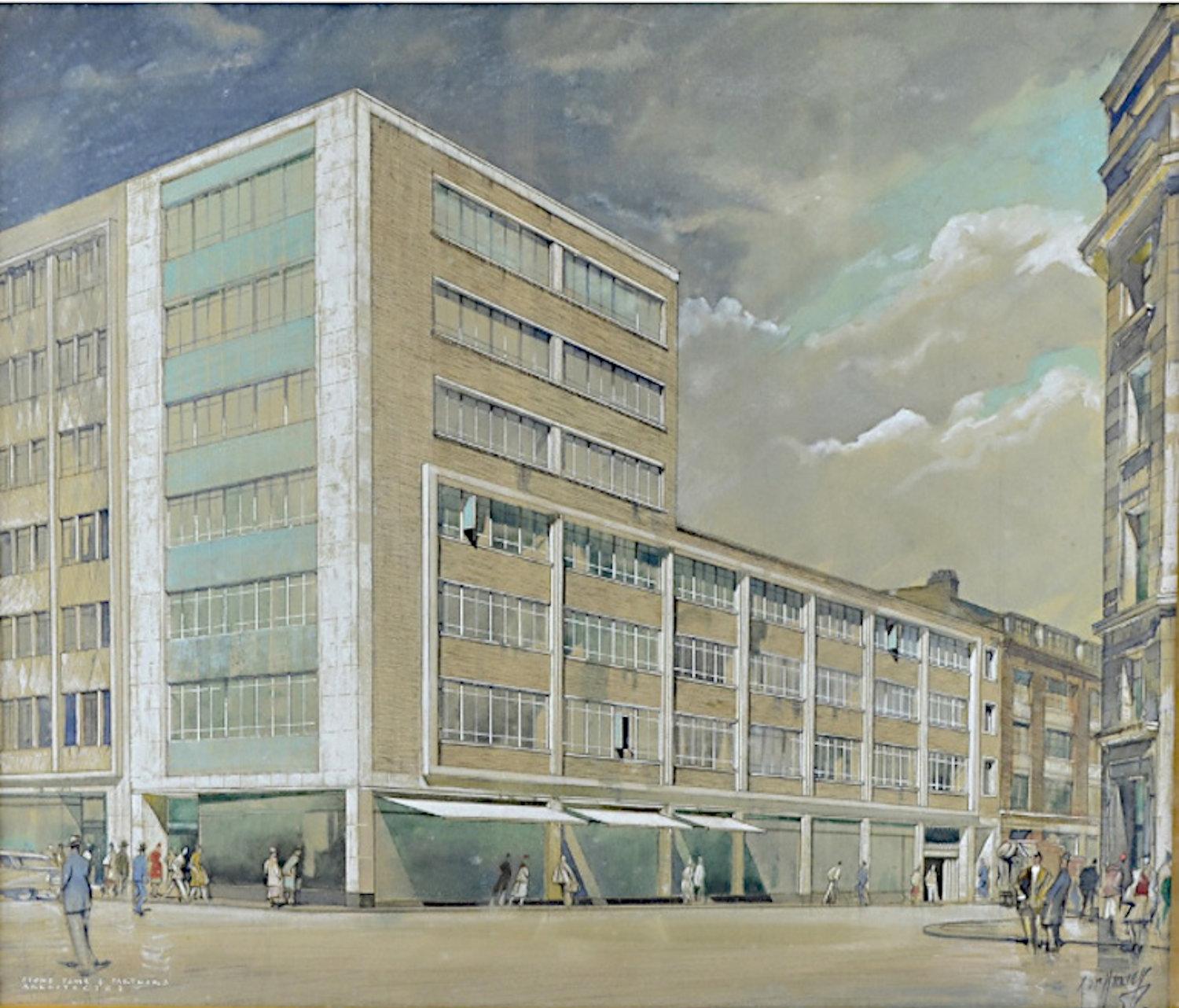 Disegno architettonico di JDM Harvey di un edificio modernista di Londra 1954 - Mixed Media Art di John Dean Monroe Harvey