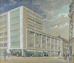 dessin architectural de JDM Harvey d'un dessin d'un bâtiment moderniste de Londres, 1954
