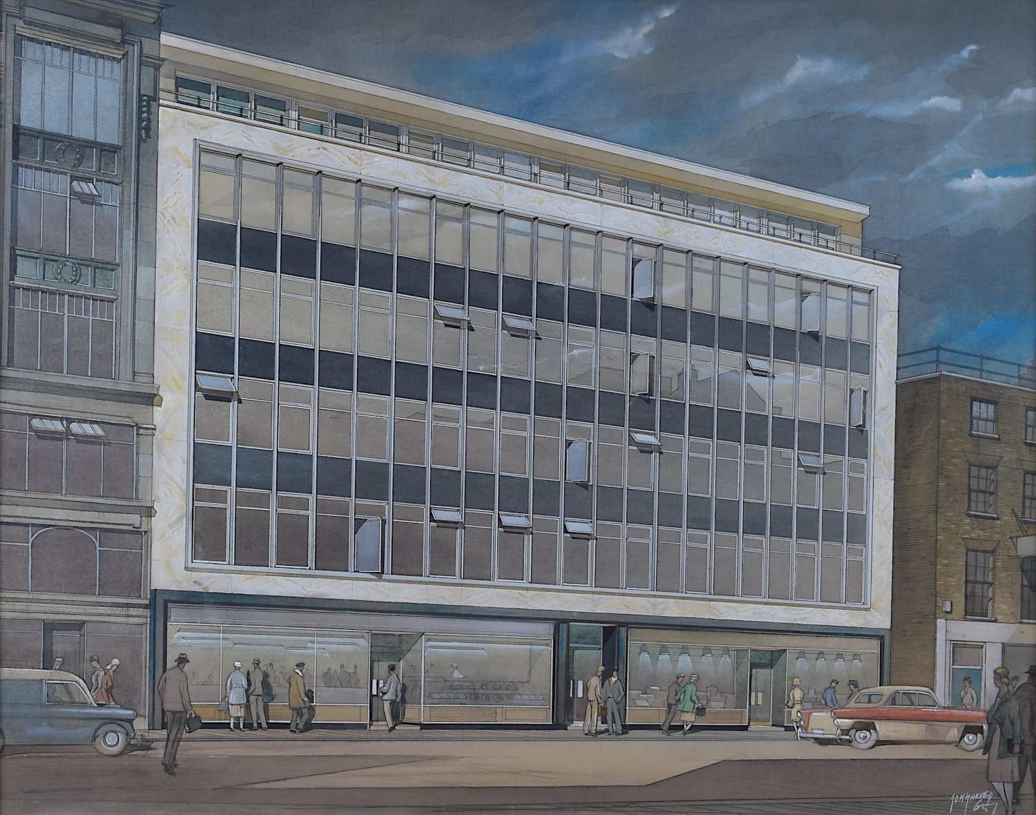 Landscape Painting de John Dean Monroe Harvey - JDM Harvey "Diseño de edificio modernista" (1965) dibujo arquitectónico a la aguada