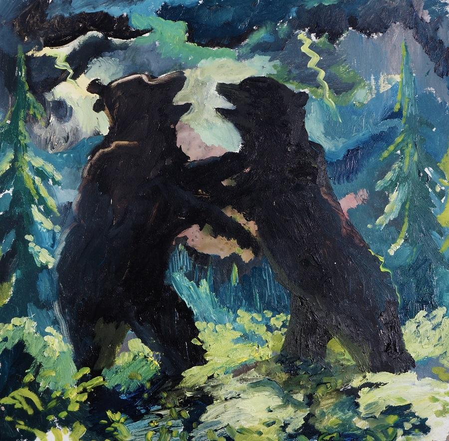 Landscape Painting John Defeo - Les ours se battant dans un tempête d'orage éclairé