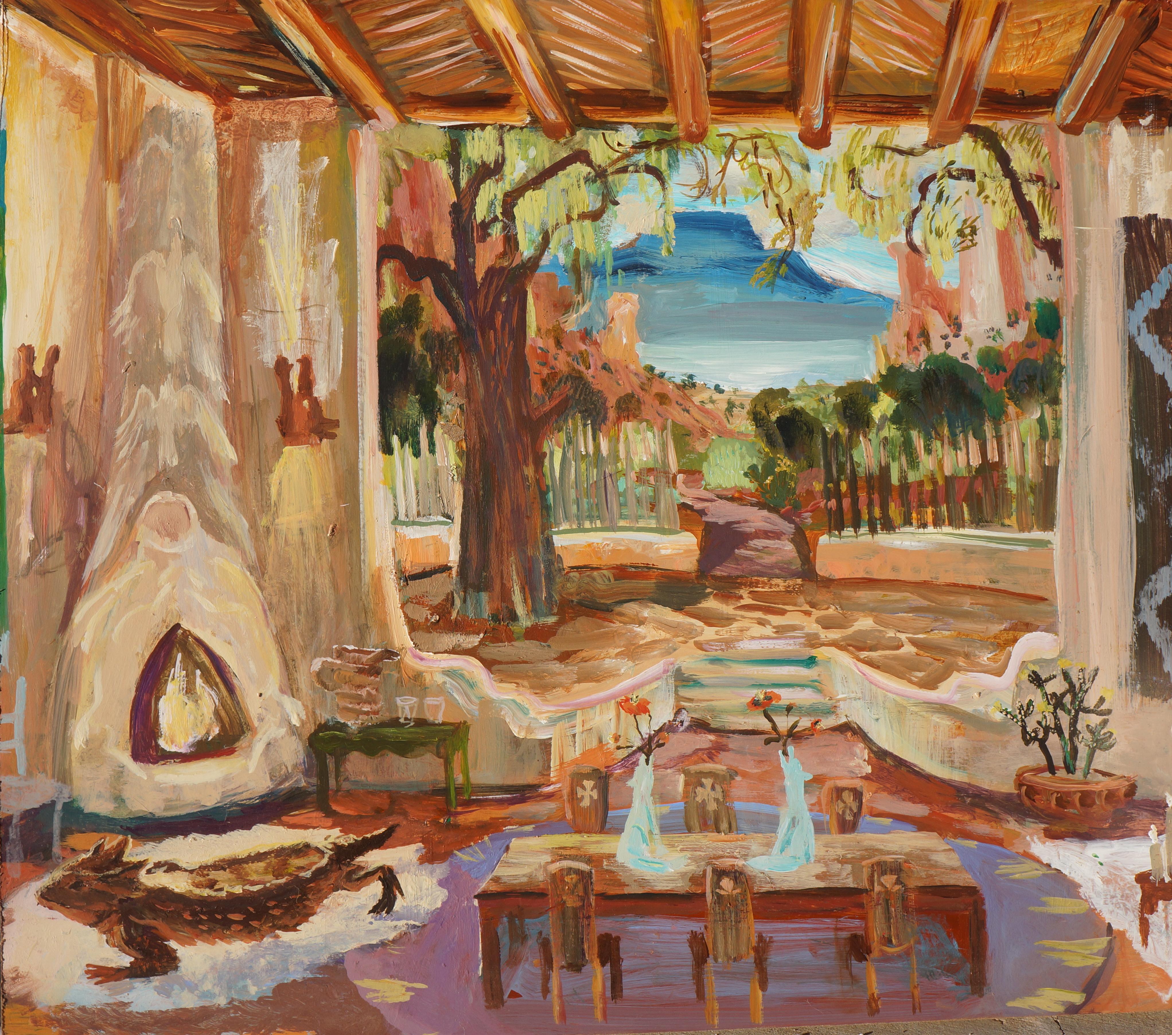 John Defeo Landscape Painting - Ghost Ranch Adobe with Rabbits Chasing the Sun Kiva and Horned Toad Bench 