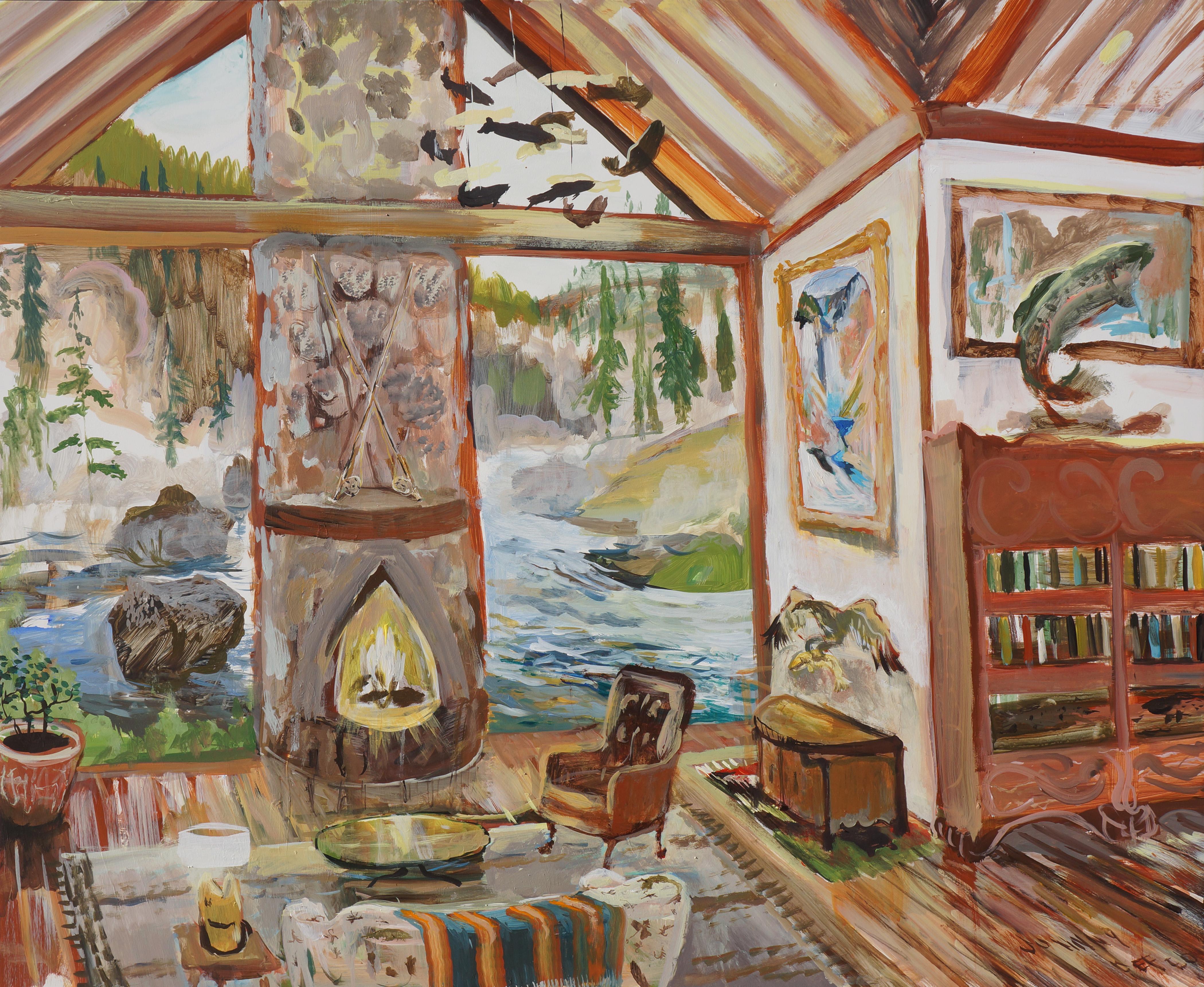 John Defeo Interior Painting - Gibbon River Retreat with Fish Chandelier Moran and Eagle Lamp