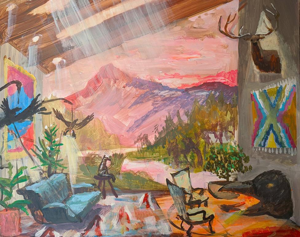 John Defeo Landscape Painting - Mount Sneffels Cabin with Magpie Fireplace and Bird Lamps