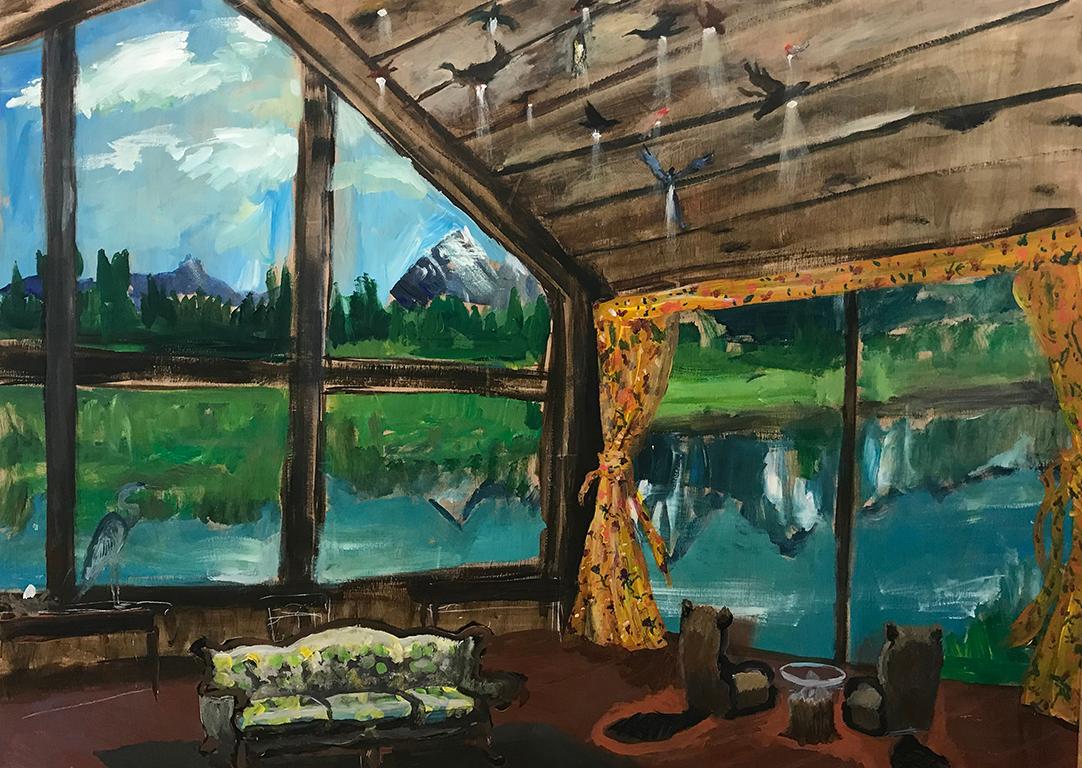 John Defeo Landscape Painting - Mountain Reflections with Beaver Chairs