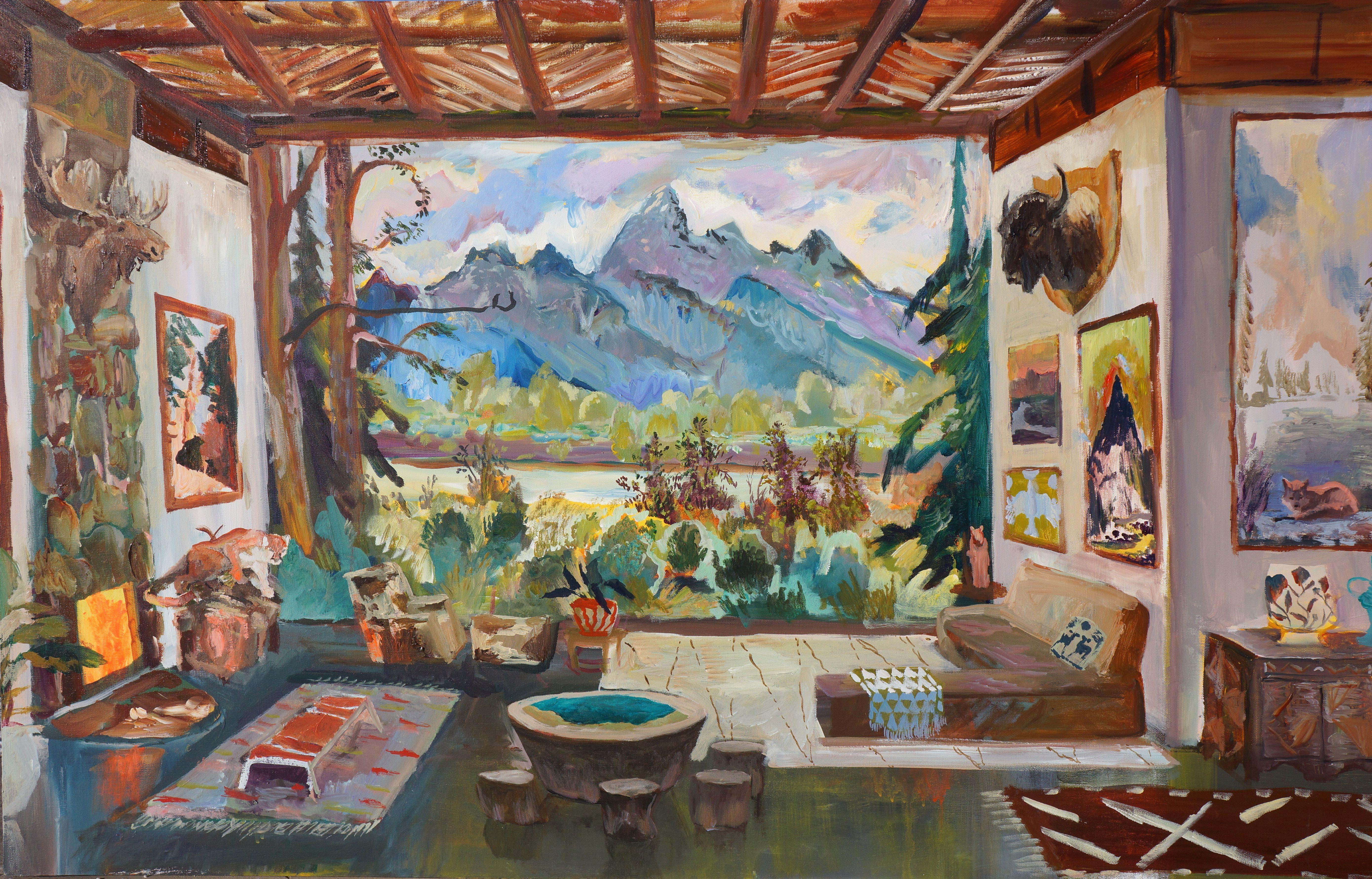 John Defeo Landscape Painting – Spektakulärer Teton-Mansion mit Kaminsims aus Teton und Wärme-Pooltisch 