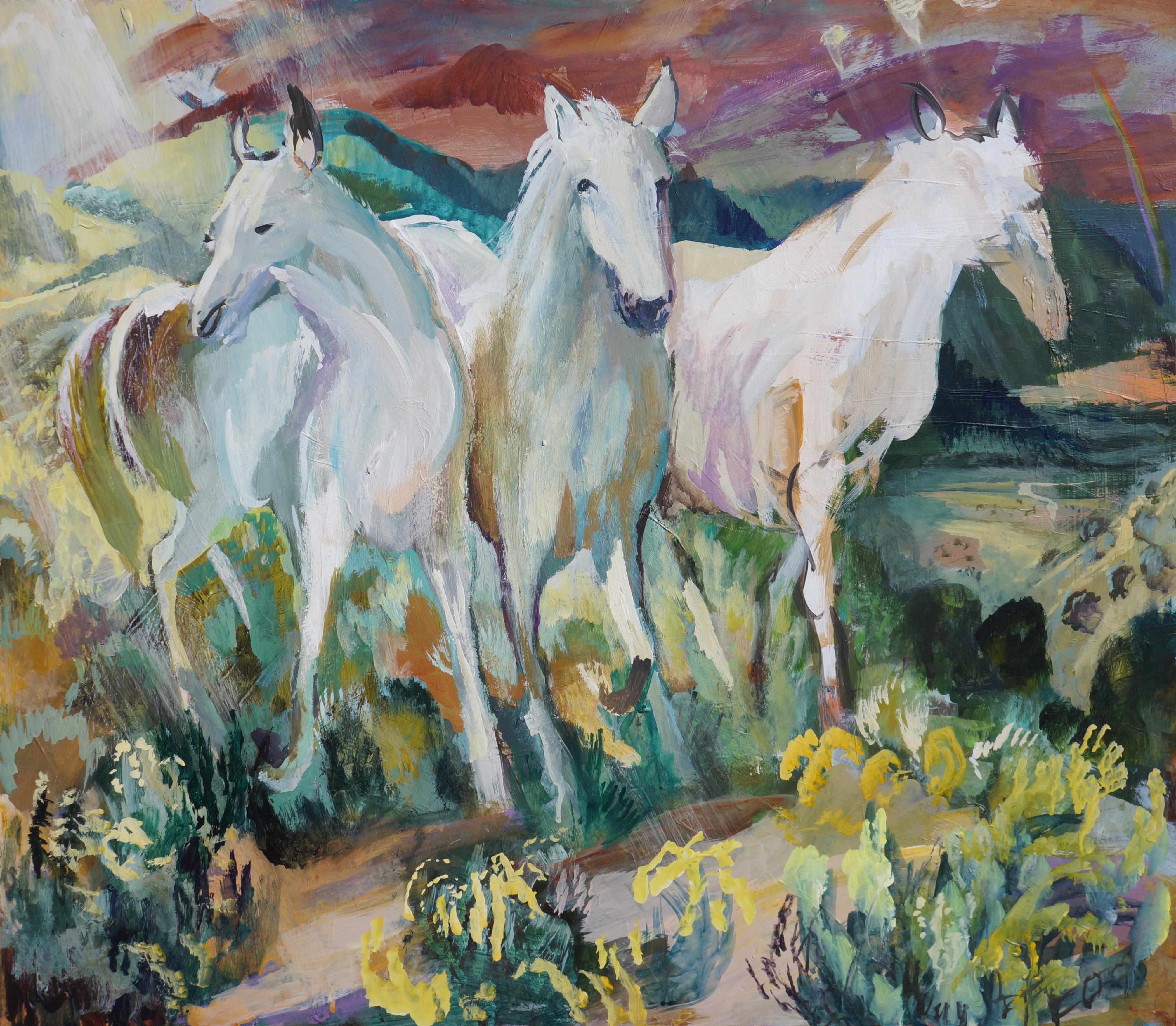 John Defeo Landscape Painting - Three White Horses When You Go That Way