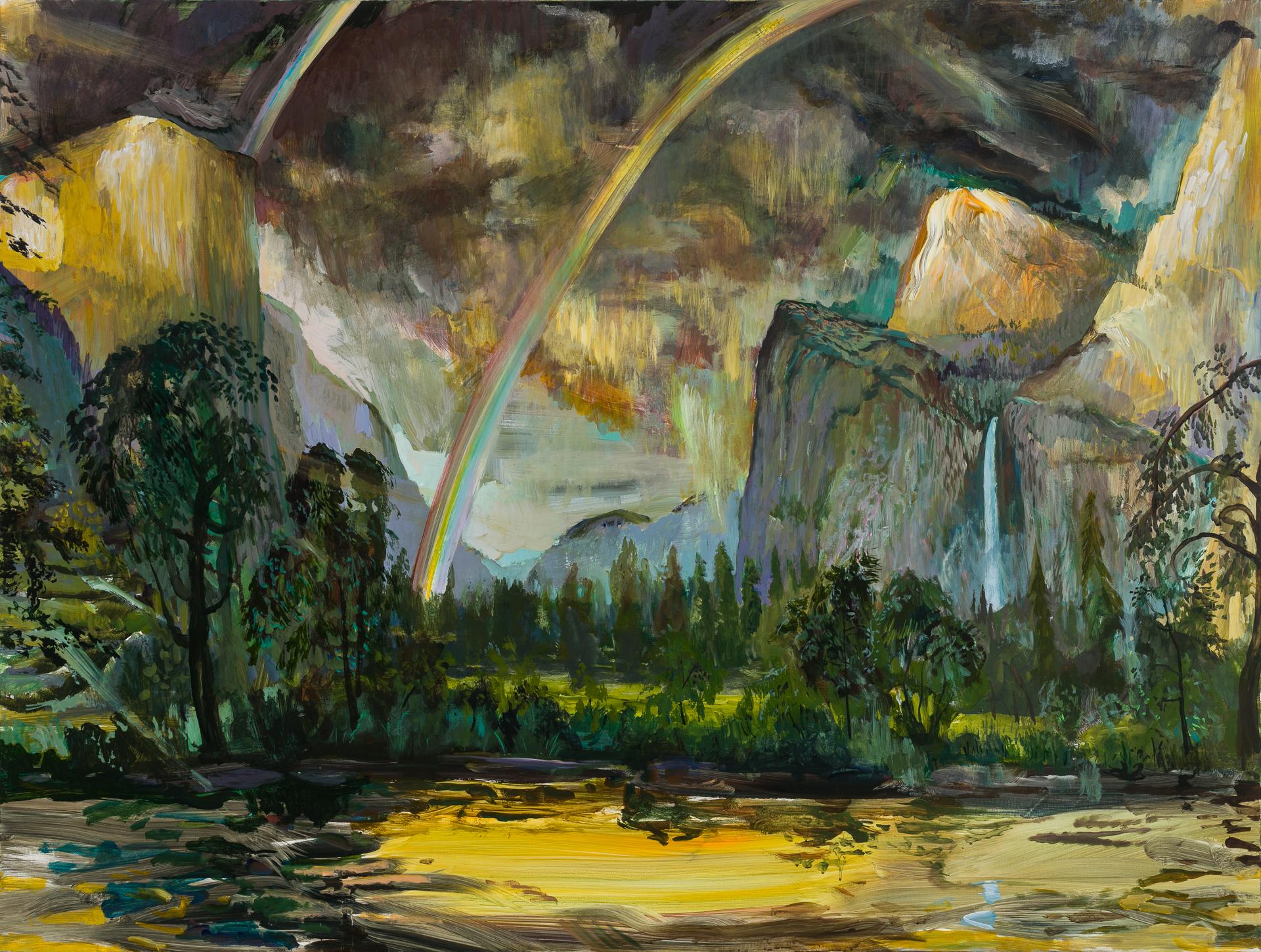 Landscape Painting John Defeo - Vue double arc-en-ciel de la vallée ( parc national de Yosemite)
