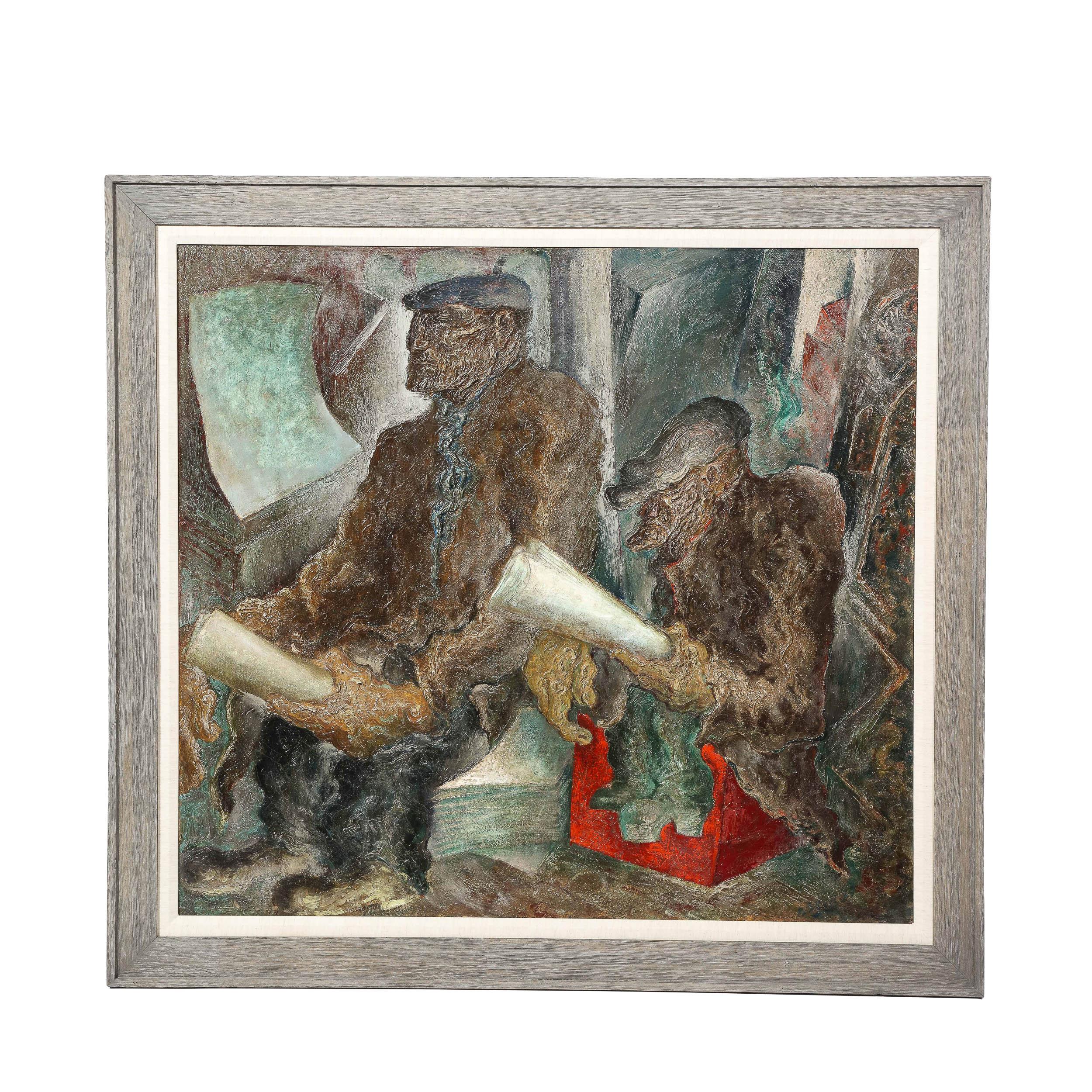Dieses schöne und anspruchsvolle großformatige Ölgemälde auf Leinwand wurde 1939 von dem angesehenen amerikanischen Künstler John Deforest Stull geschaffen. Die Komposition zeigt eine Szene im WPA-Stil mit zwei Männern - offenbar Arbeiter während