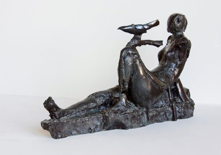 Reclining Figure with Bird bronze pedestal sculpture - Sculpture by John Denning