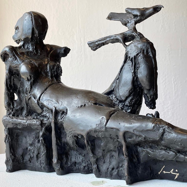 Reclining Figure with Bird bronze pedestal sculpture - Gold Figurative Sculpture by John Denning