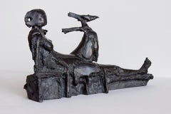 Reclining Figure with Bird bronze pedestal sculpture