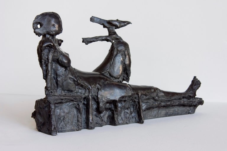 John Denning Figurative Sculpture - Reclining Figure with Bird bronze pedestal sculpture