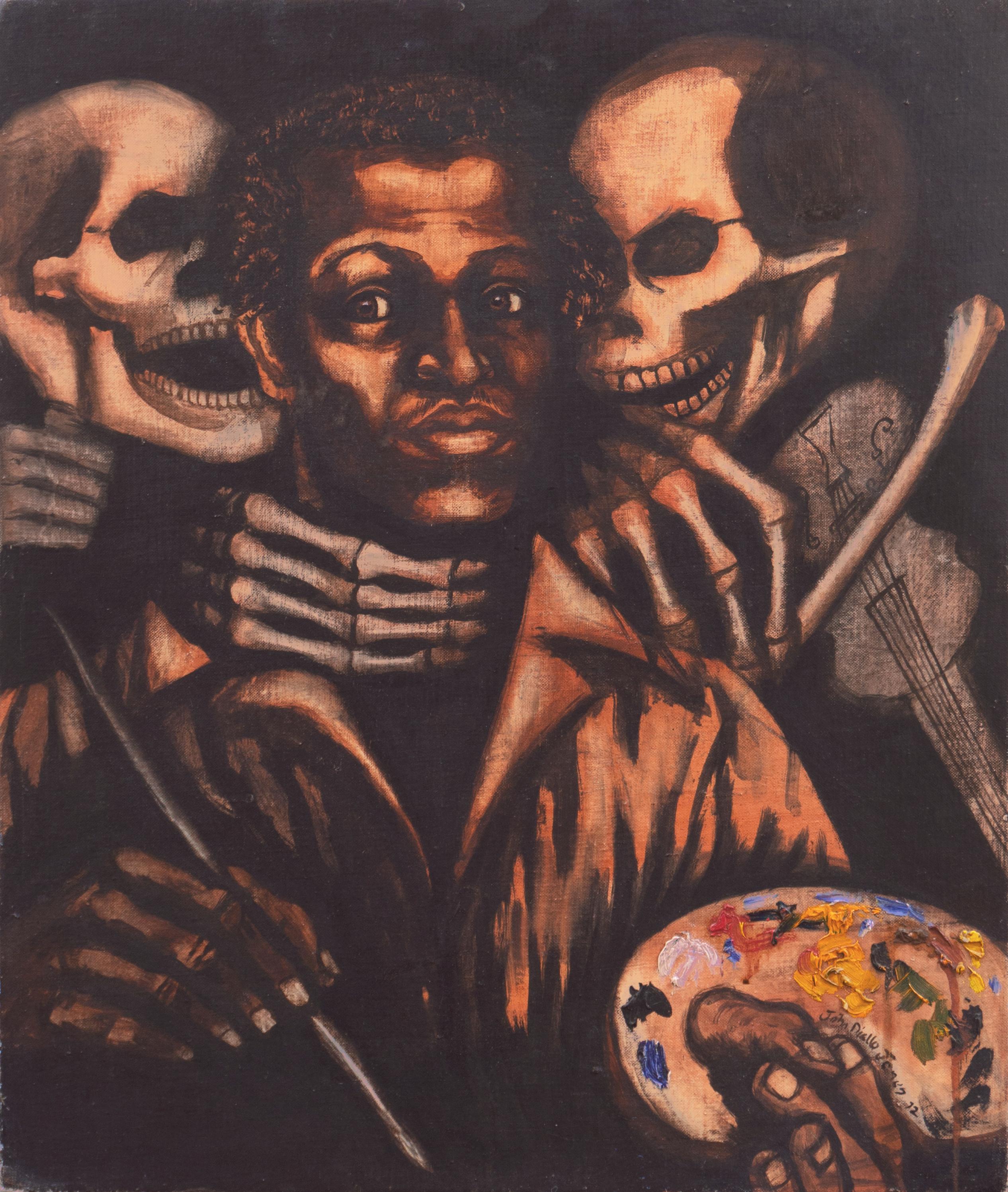 John Diallo Jones Figurative Painting - 'Words to the Wise', African American Memento Mori, Skeletons, Bay Area, Black