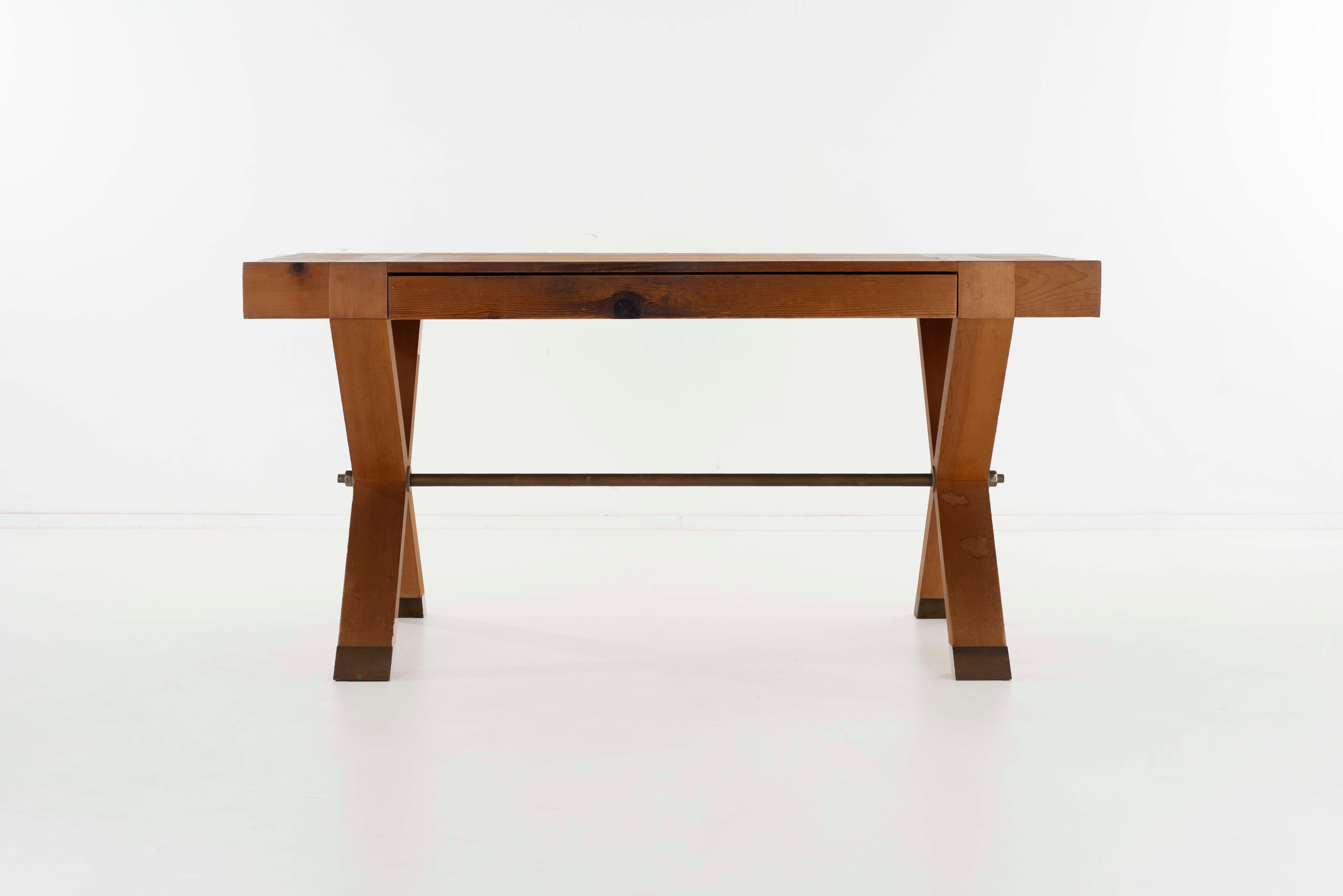 John Dickinson X-base pine trestle table/ console with single deep drawer for Partner Lawrence Maloney for the Firehouse, San Fransisco, California, 1970
Last image original Drawing from SFMOMA Collection
Original vintage condition, fading and