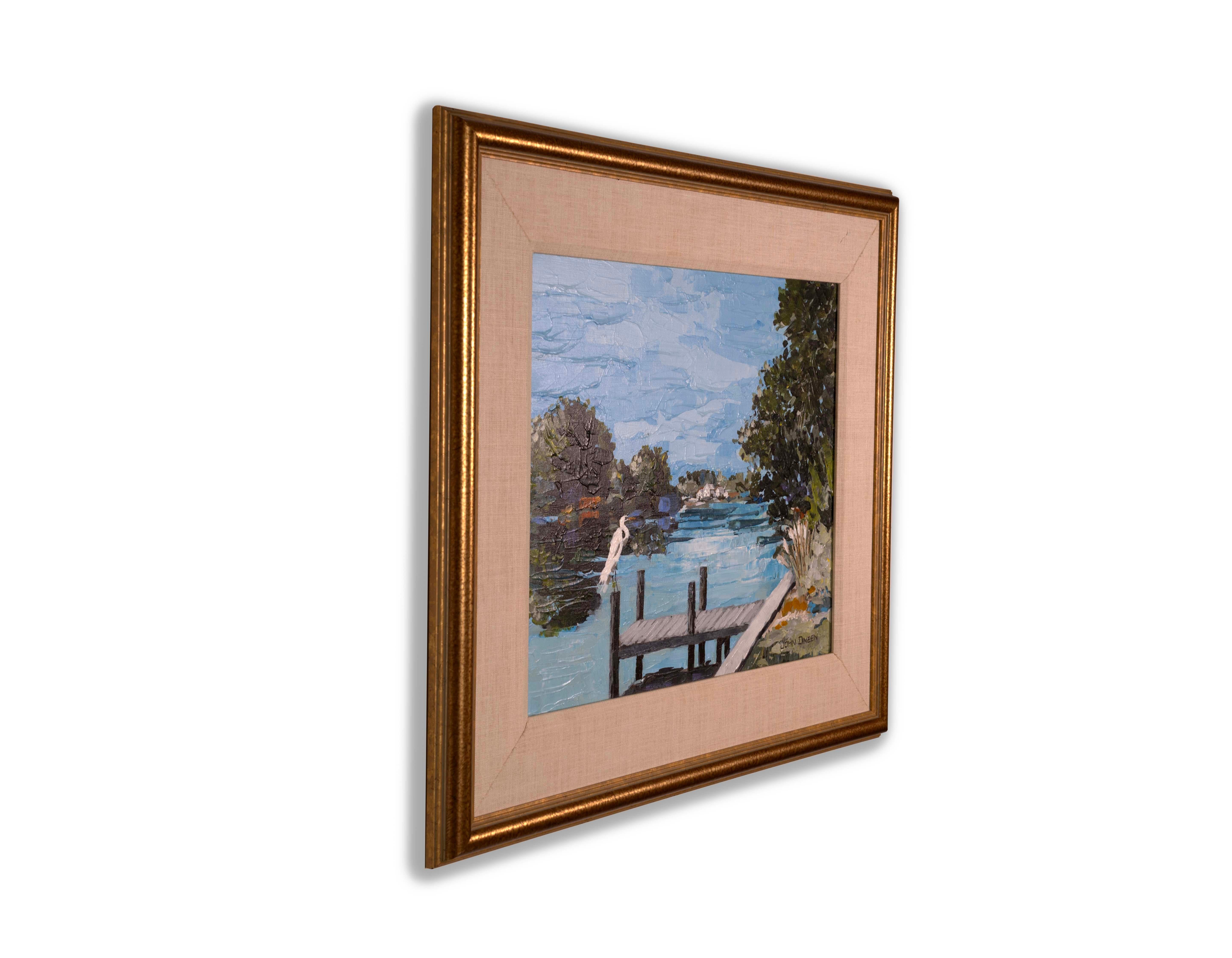 John Dineen Signed Contemporary Lake Scene with Heron Oil Painting on Canvas 5