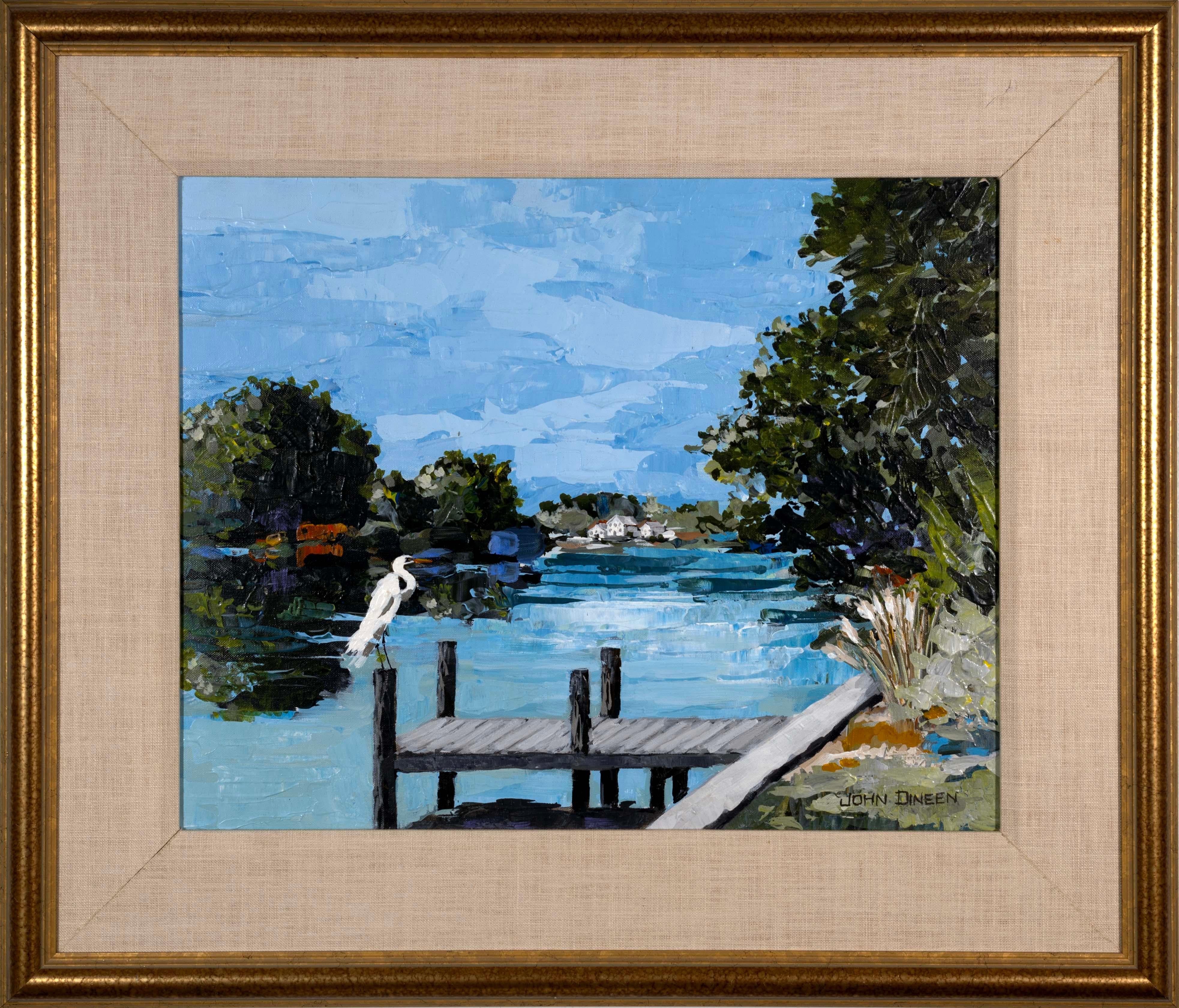 A serene contemporary oil painting on canvas by 20th century gallerist and artist John Dineen. Hand signed bottom right. Dineen is from Sarasota, FL and was the director of the John Dineen gallery for several years located on St. Armands Circle. In