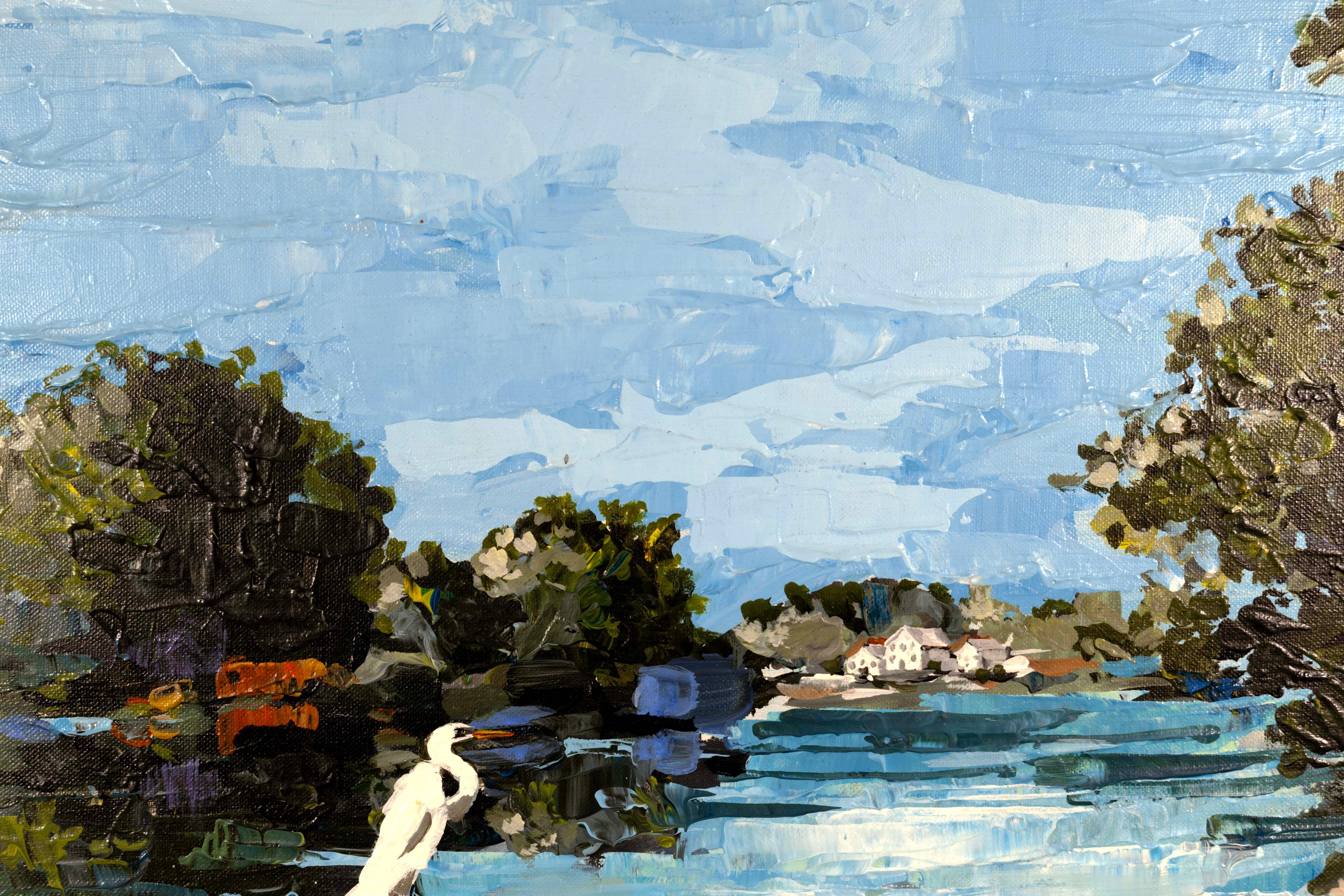 American John Dineen Signed Contemporary Lake Scene with Heron Oil Painting on Canvas
