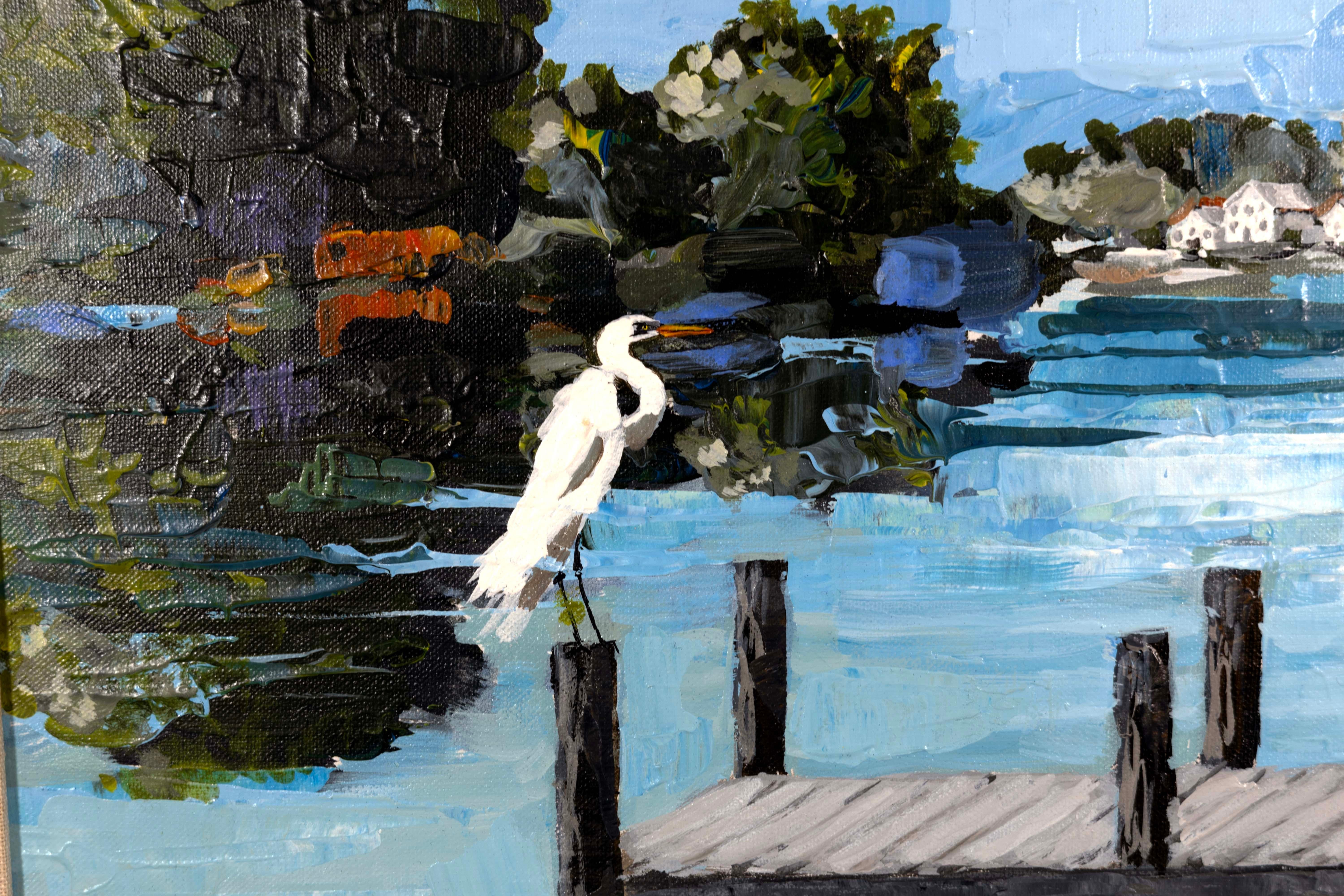 John Dineen Signed Contemporary Lake Scene with Heron Oil Painting on Canvas 1