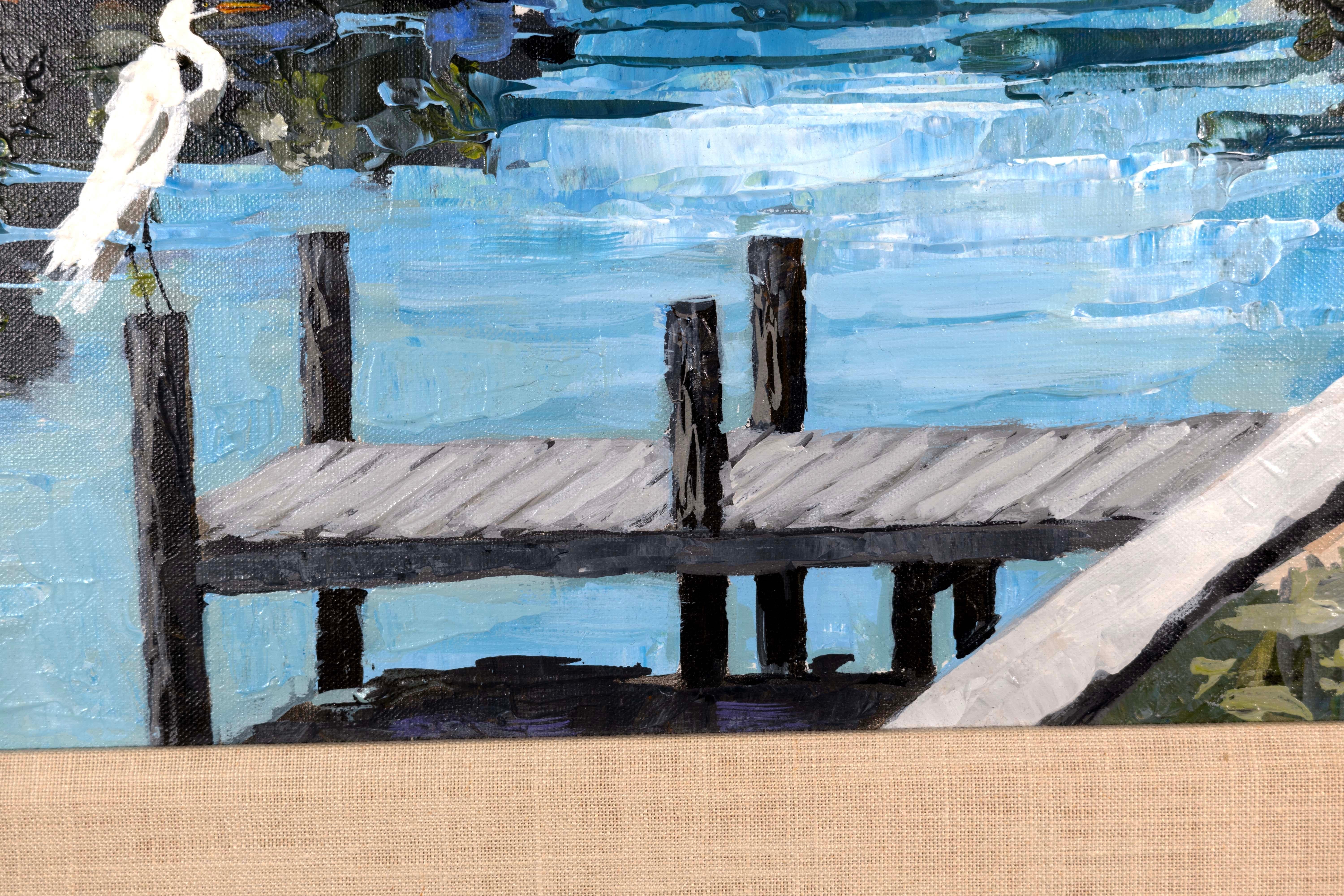John Dineen Signed Contemporary Lake Scene with Heron Oil Painting on Canvas 2
