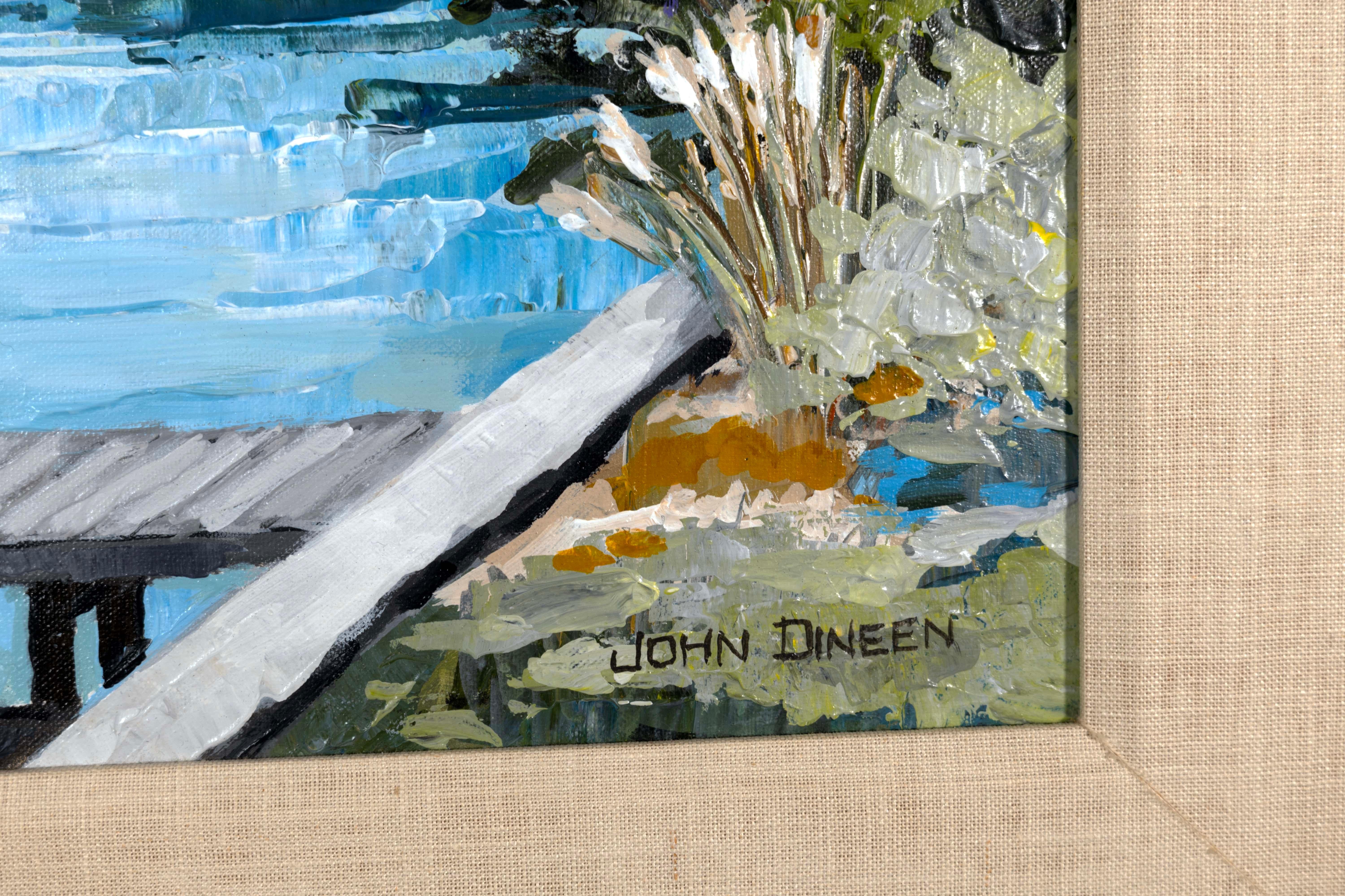 John Dineen Signed Contemporary Lake Scene with Heron Oil Painting on Canvas 3