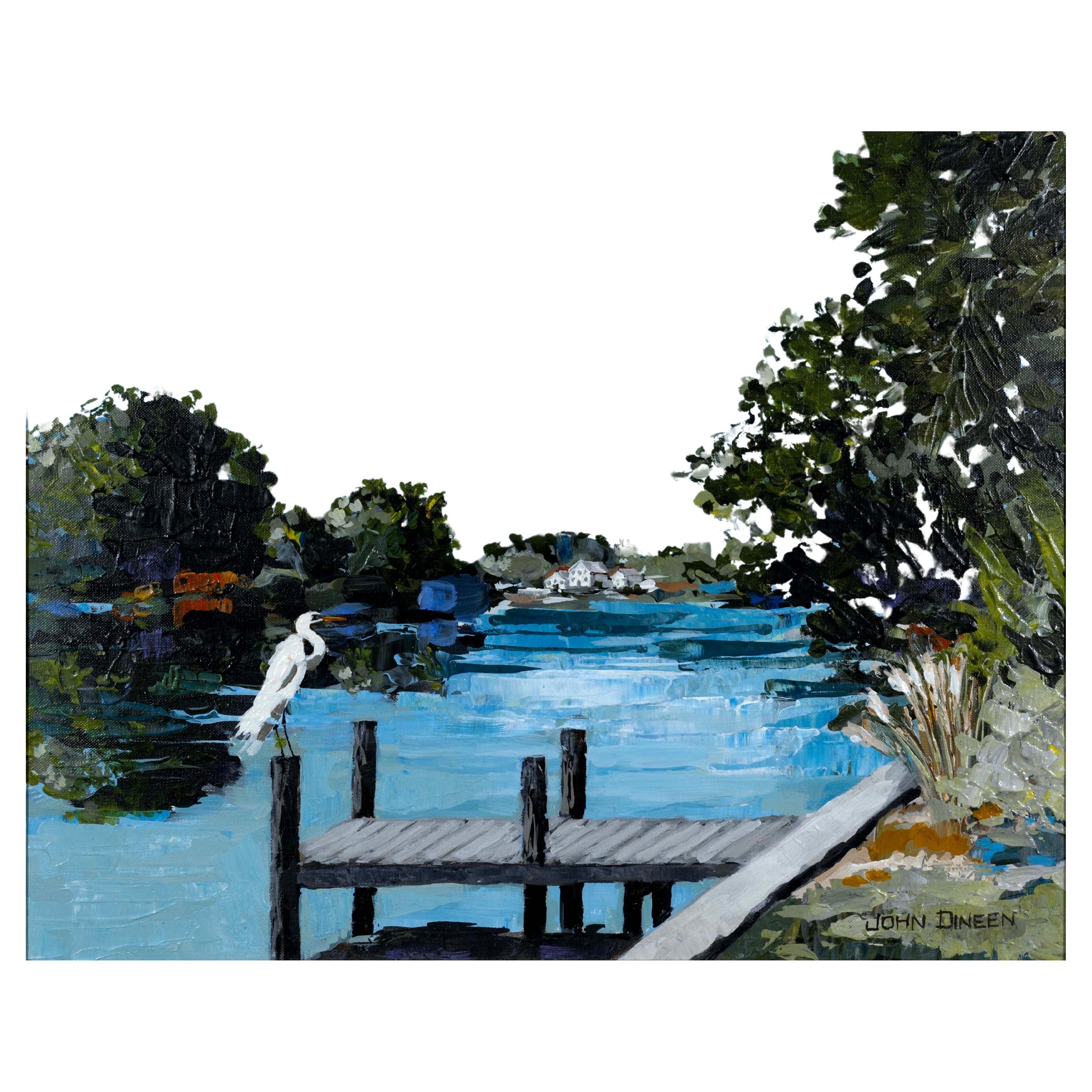 John Dineen Signiert Contemporary Lake Scene mit Reiher Ölgemälde auf Leinwand