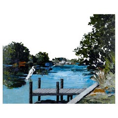 I John Dineen Signé Contemporary Lake Scene with Heron Peinture à l'huile sur toile