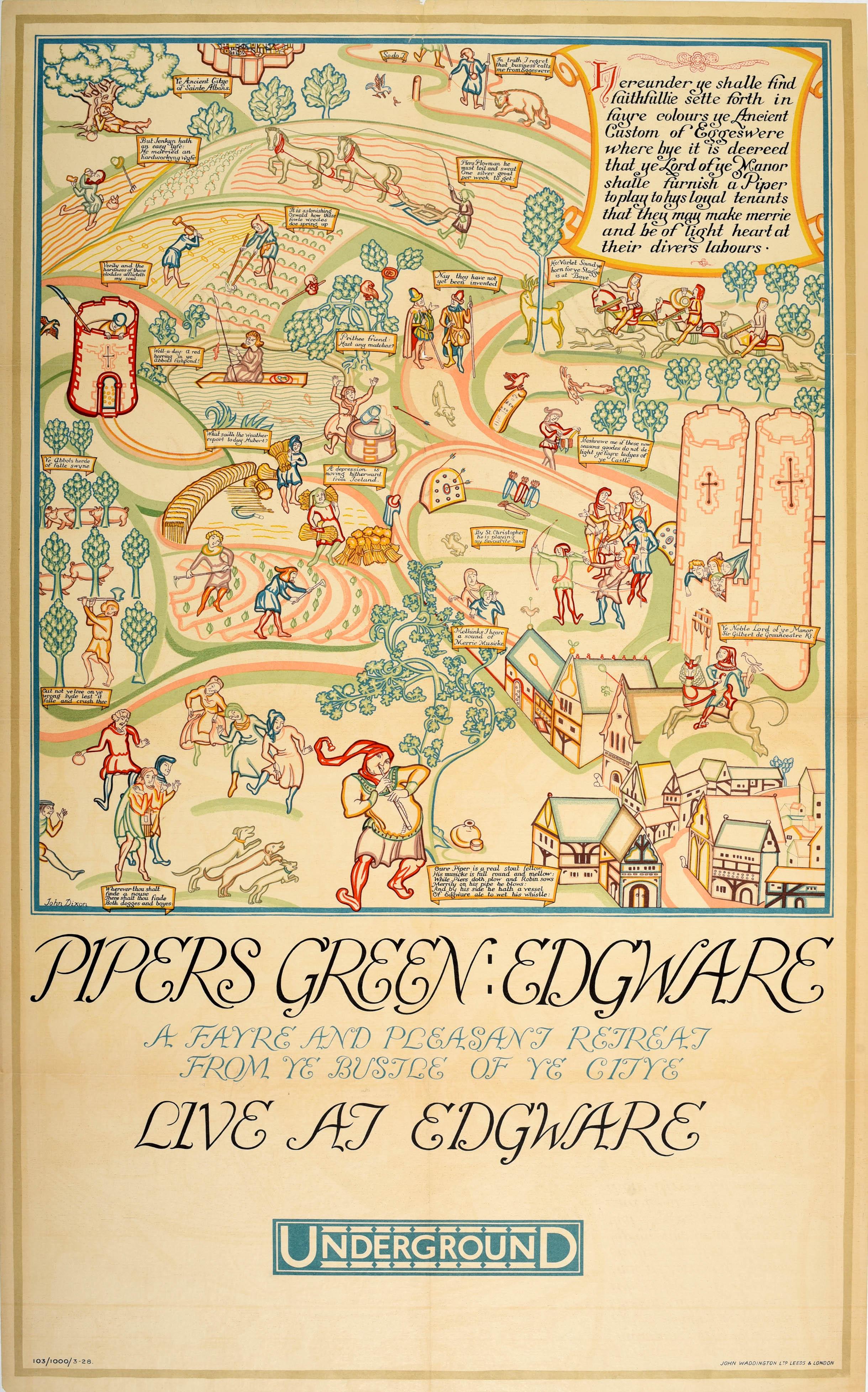 John Dixon Print - Original Vintage London Underground Poster Pipers Green Edgware Travel By Tube