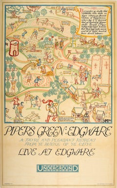 Poster Vintage Original Vintage London Underground Pipers Green Edgware Travel By Tube