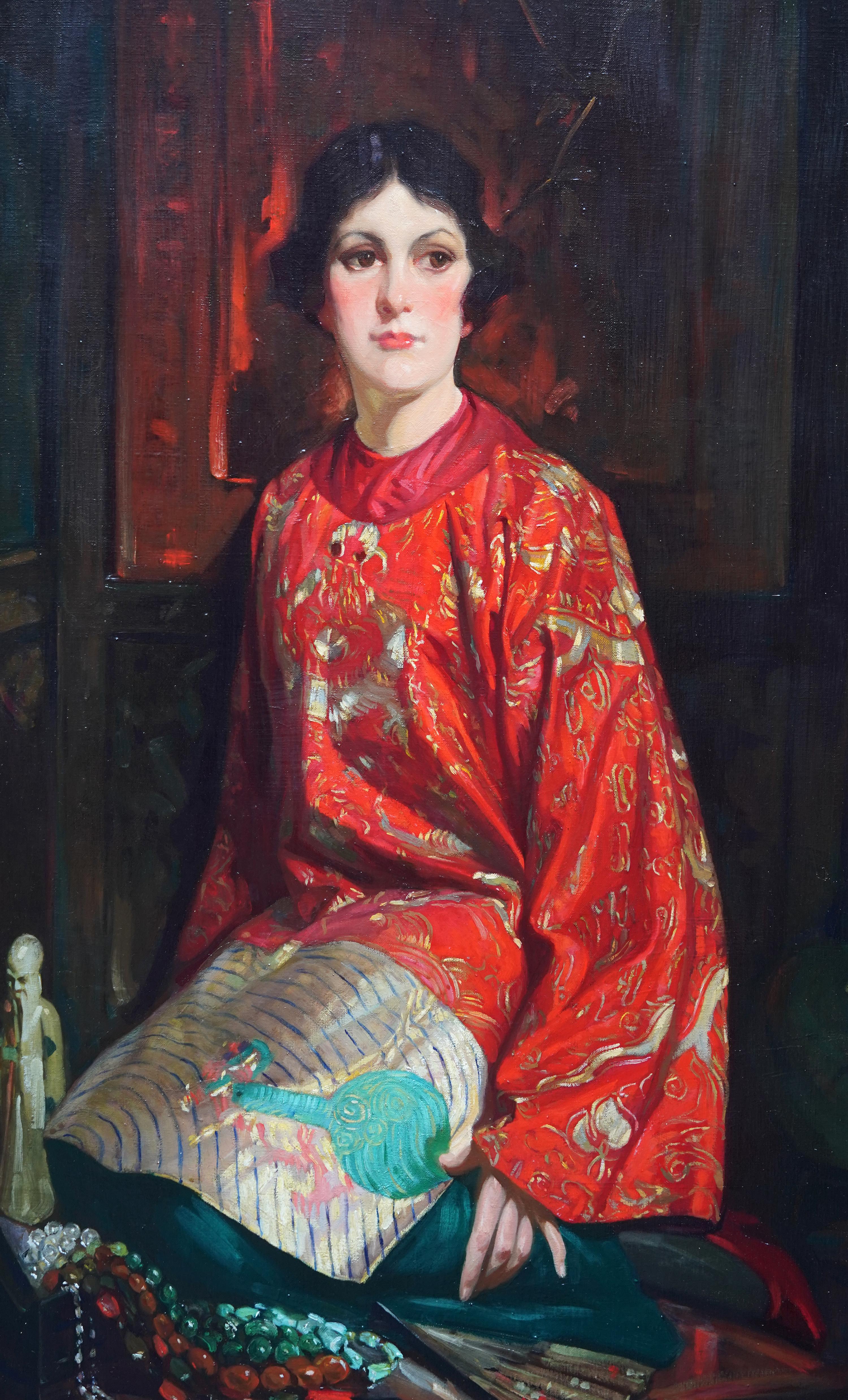 This fantastic Scottish Art Deco exhibited interior portrait oil painting is by Glasgow artist John Dobbie. It was painted in 1933 and exhibited that year at the Glasgow Institue of Fine Art and entitled Bric-a-Brac. The painting is of a dark haired