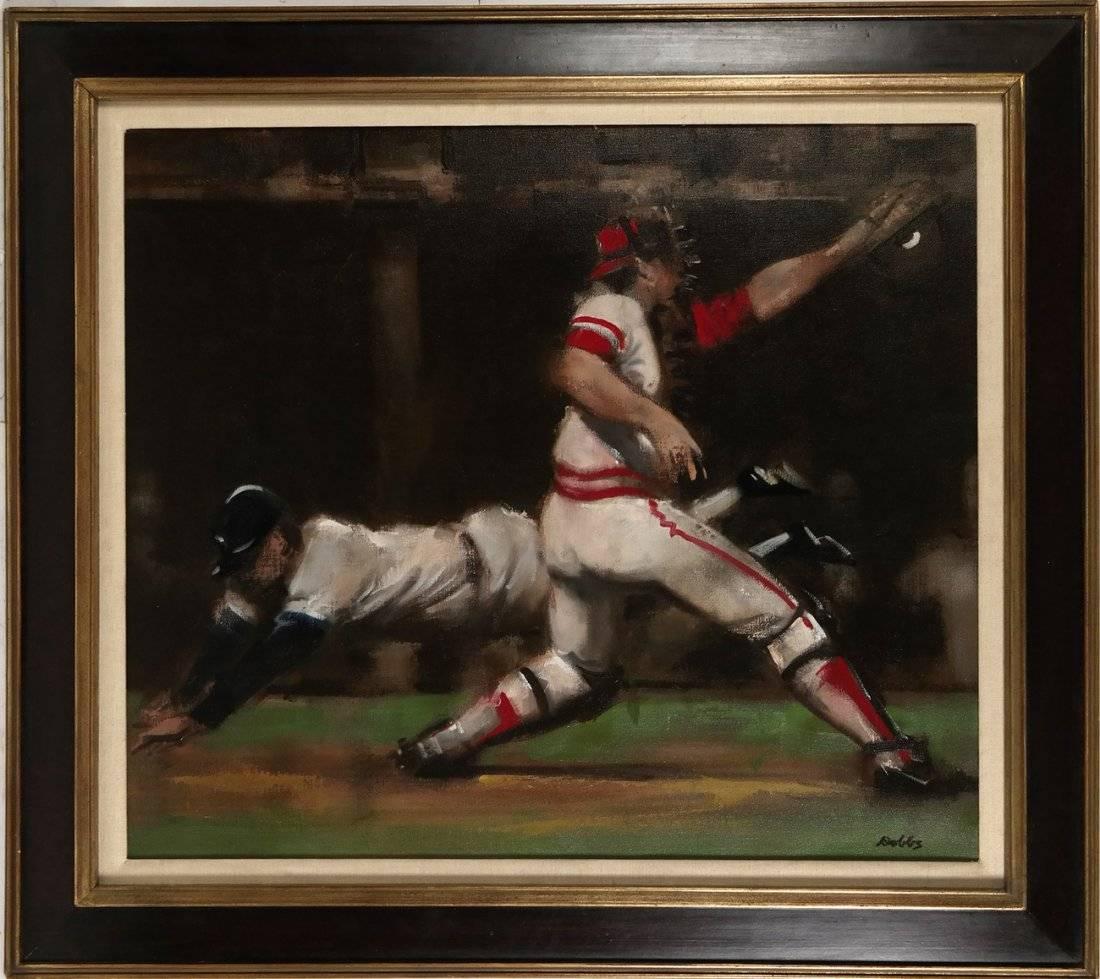 John Dobbs Figurative Painting - Play at The Plate, Sporting Scene