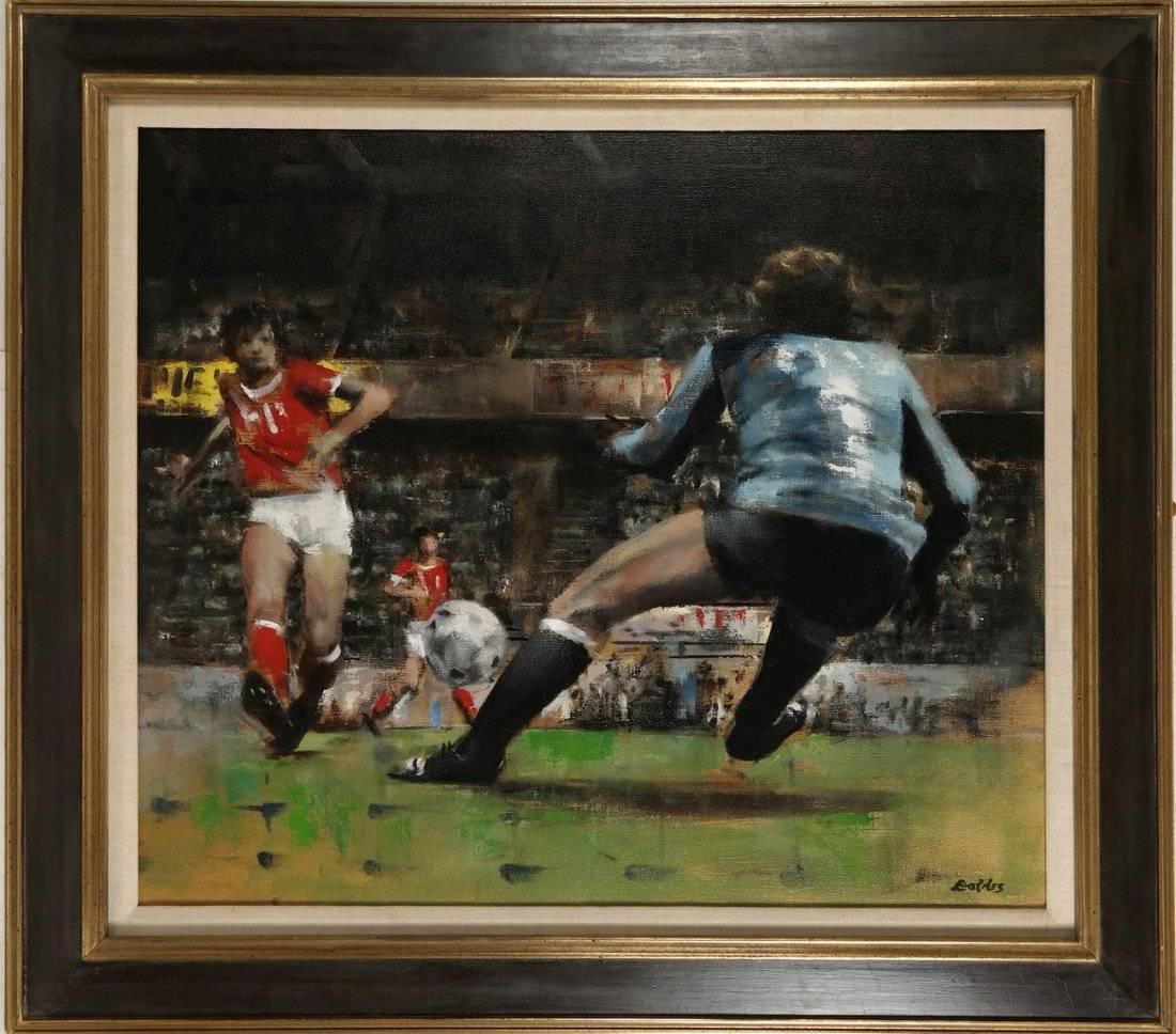 Figurative Painting di John Dobbs - Tiro in porta, Scena sportiva