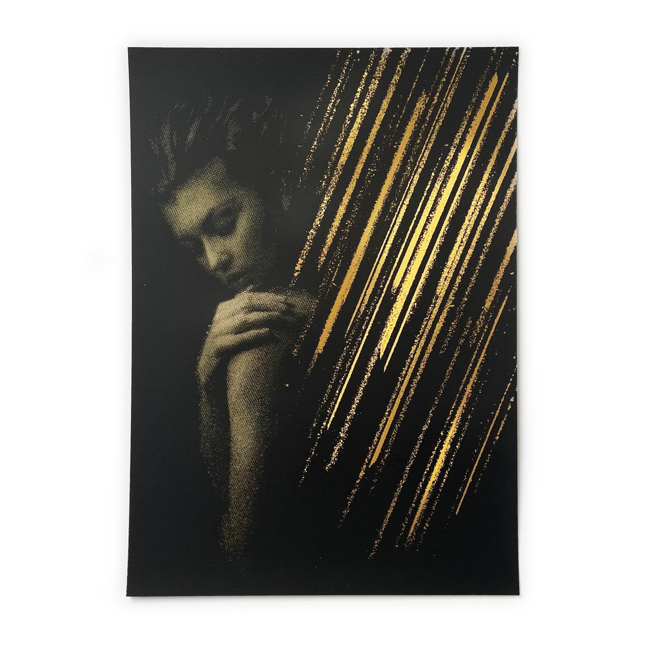 - 4 color hand-pulled screen print 
(the black is printed allowing the specialty paper to show through - girl made up of 3 metallic inks)

(GF Smith) - Peregrina - 'Gold Fever' 290 GSM - this stock has a metallic luster

-Edition of 15

-Signed,
