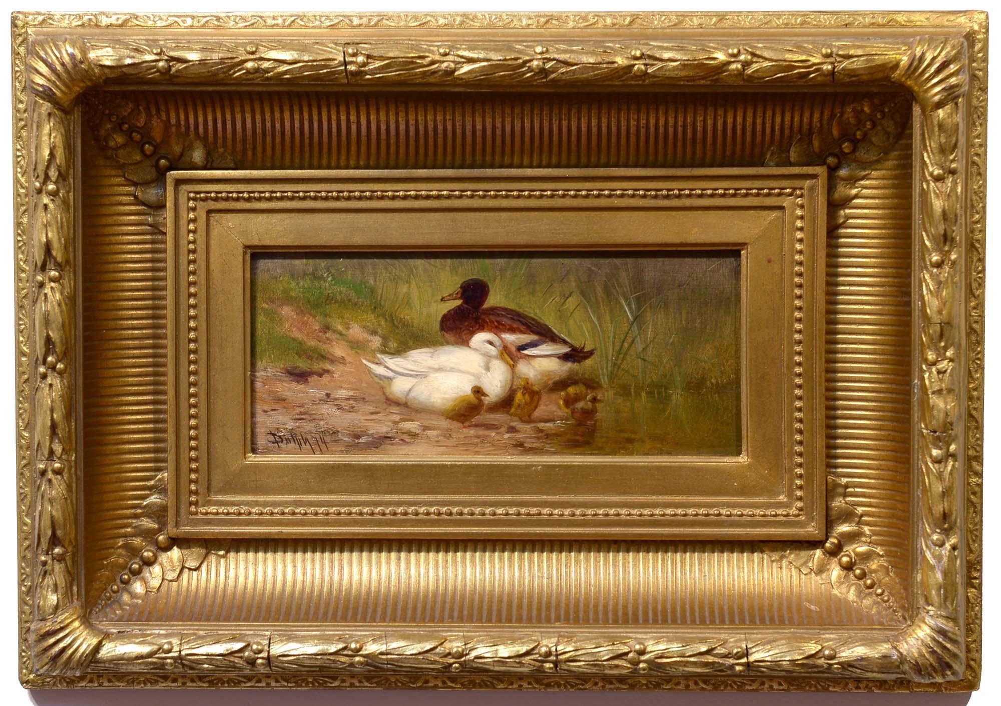 Mañana junto al estanque, John Henry Dolph, Realismo, Óleo sobre tabla, Patos, Aves, Aves de corral - Painting de John Dolph