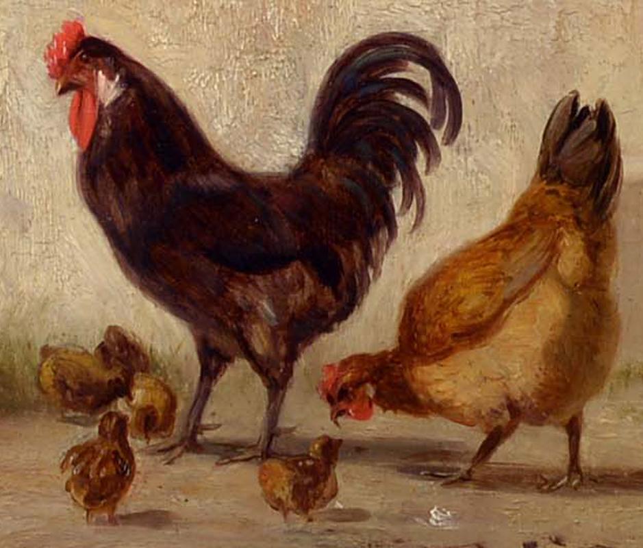 Luz matinal, John Henry Dolph, Óleo sobre tabla, Gallinas en el paisaje, Aves de corral - Painting Realista de John Dolph