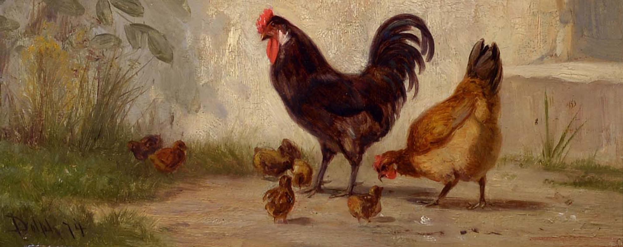 Animal Painting de John Dolph - Luz matinal, John Henry Dolph, Óleo sobre tabla, Gallinas en el paisaje, Aves de corral