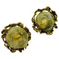 Vintage John Donald 18K Textured Gold Organic Form Eye Agate Earrings, 1968