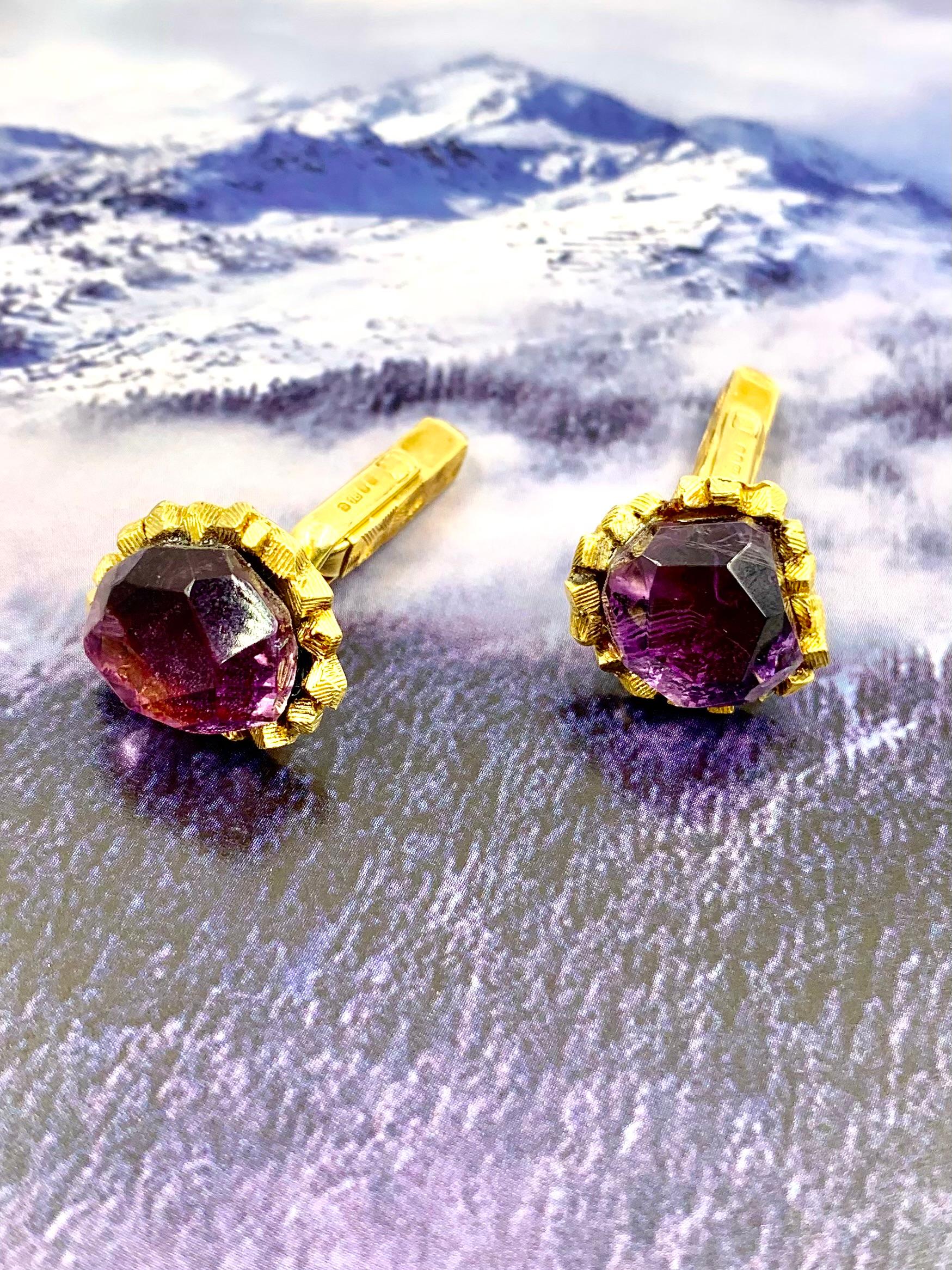 Rare Organic Modernist 18K yellow gold and faceted amethyst John Donald cufflinks from his most sought-after period, the 1960's
Marks: JAD for John Donald, London, 18 for 18K gold,  