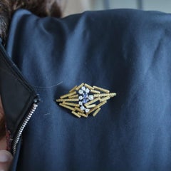 JOHN DONALD 1969 Modernist Brooch In 18Kt Yellow Gold Diamonds & Sapphires