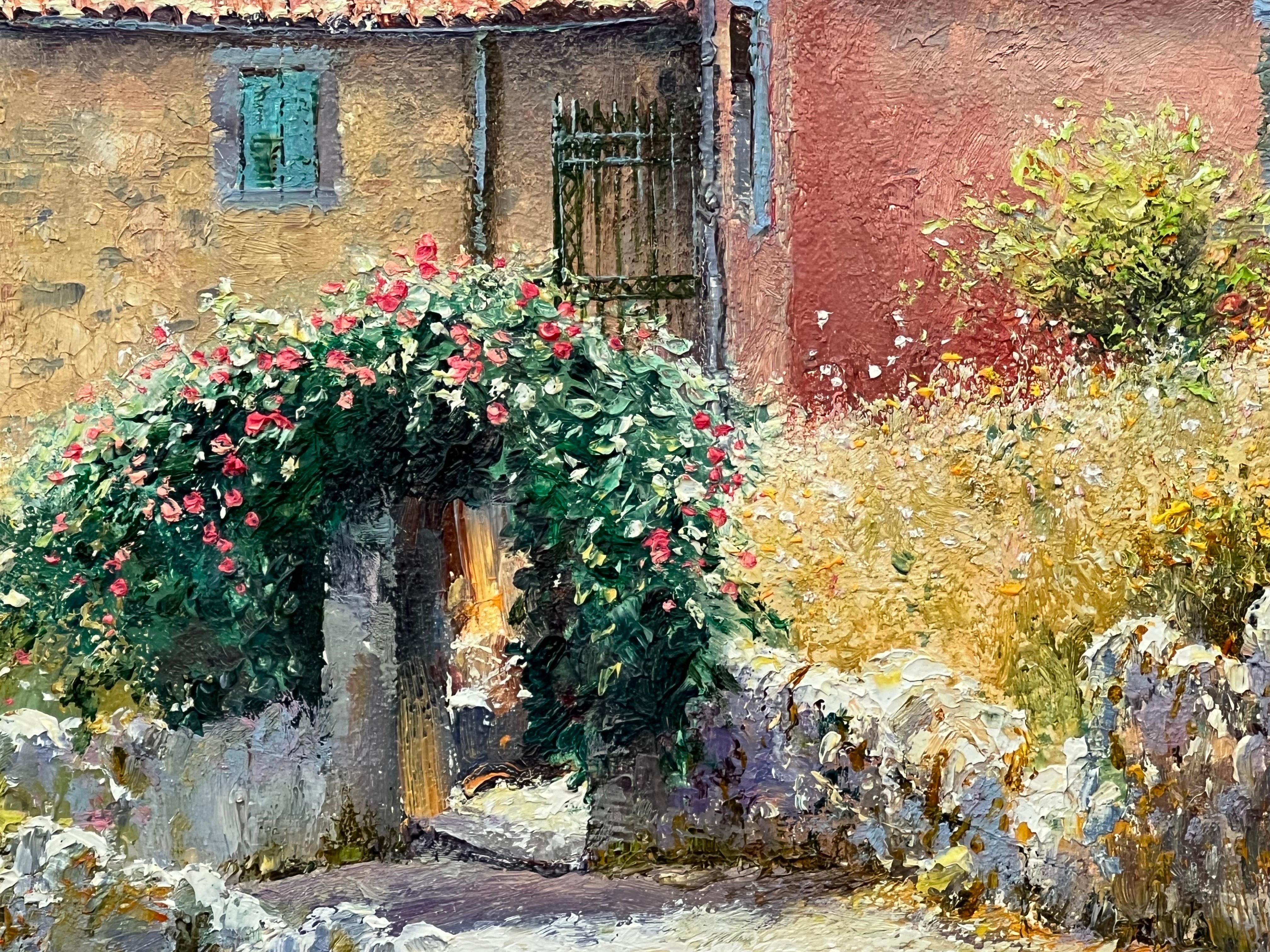 Impressionistisches toskanisches Cottage-Landschaftsgemälde mit Blumen und Bäumen in Italien 9