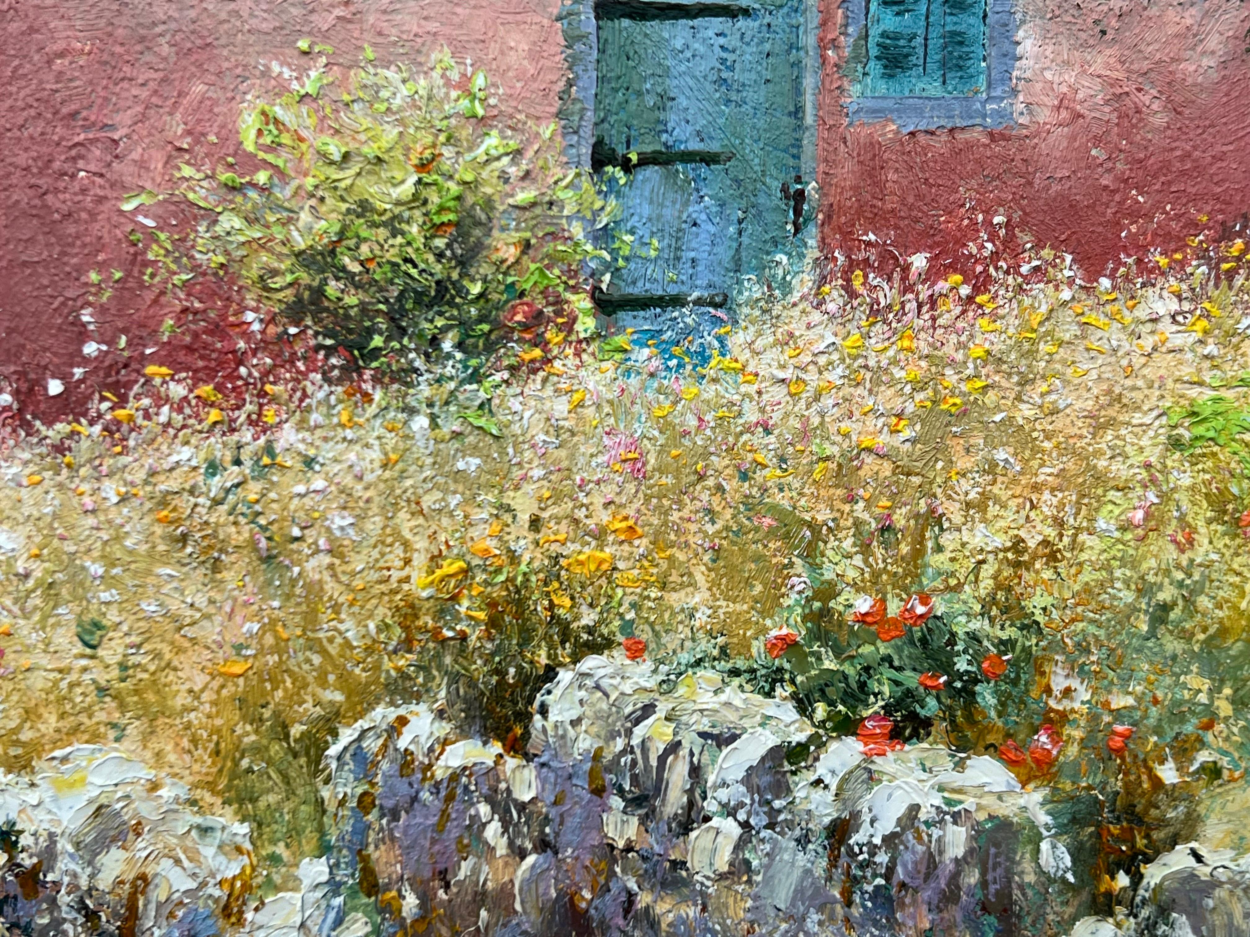 Impressionistisches toskanisches Cottage-Landschaftsgemälde mit Blumen und Bäumen in Italien 13