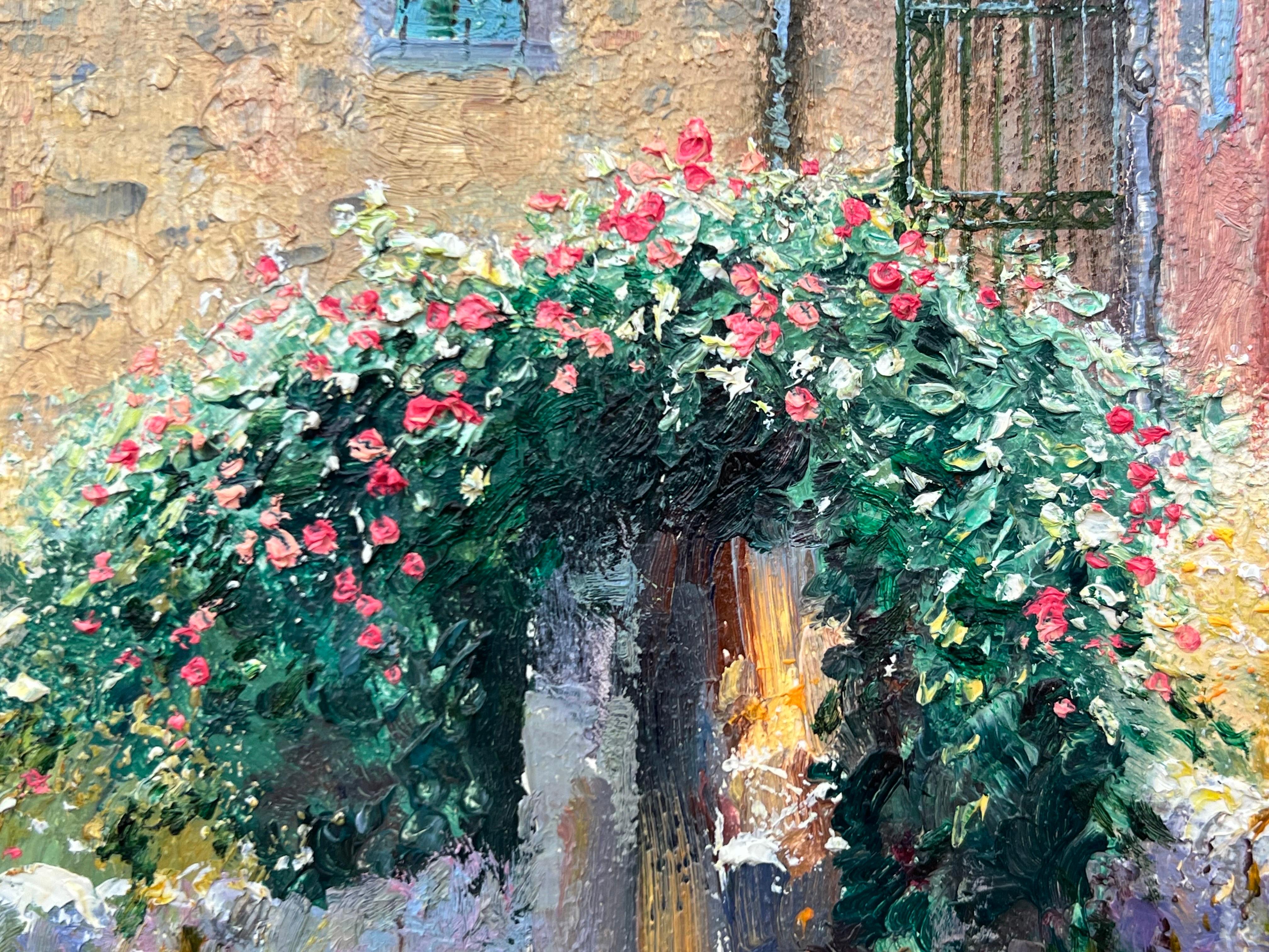 Impressionistisches toskanisches Cottage-Landschaftsgemälde mit Blumen und Bäumen in Italien 14