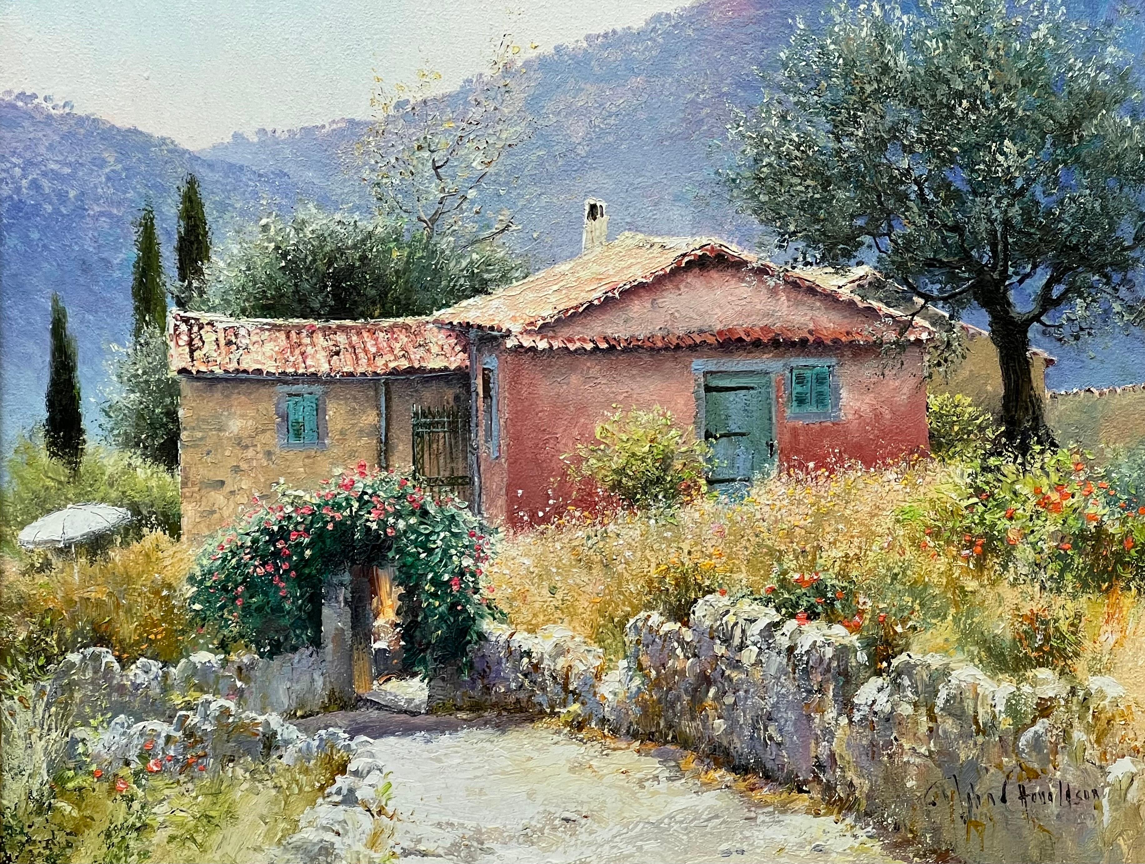 Peinture impressionniste de paysage de cottage toscan avec fleurs et arbres en Italie - Painting de John Donaldson