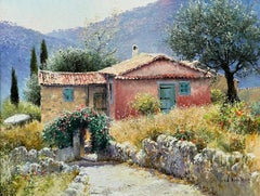 Impressionist Tuscan Cottage Landscape Painting with Flowers & Trees in Italy